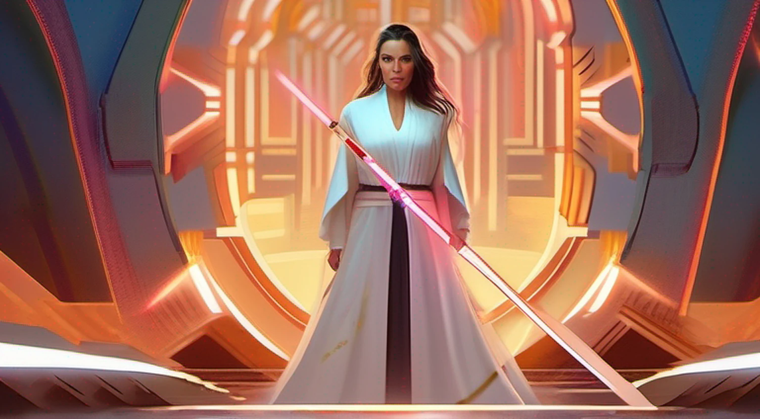 uma mulher em um vestido branco segurando um sabre de luz, Rei, Personagem de Star Wars, Jedi Feminino, Ross Tran 8 K, Alena Aenami e Artgerm, Artgerm Julie Bell Beeple, 8k arte impressionante, Lois Ross, epic digital art illustration, Arte Digital Star Wars, arte de personagem impressionante, Wojtek FUS