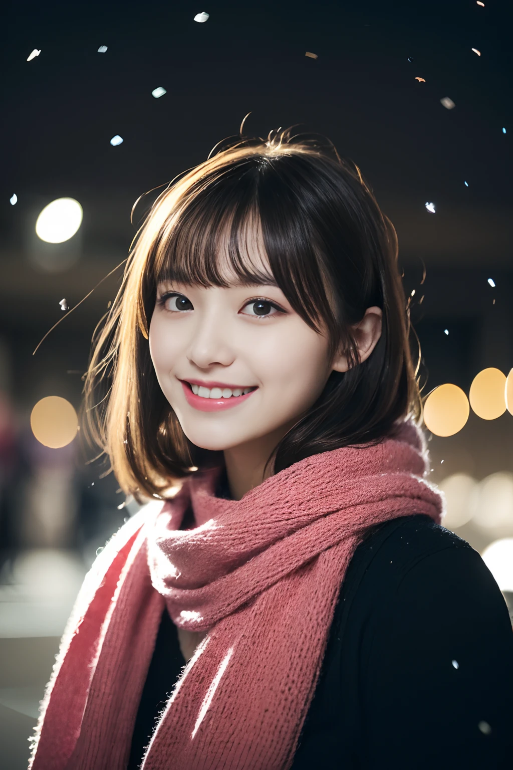 ((no-makeup))、(realisitic、Photorealsitic、ultra-detailliert、Highest Details Skins、top-quality、​masterpiece、超A high resolution)、Cute Japan Woman、sixteen years old、hi-school girl、younggirl、1 girl in、I have bangs、二重まぶた、drooing eyes、Large black eyes、Charming、purity、Cute smile、Natural smile、View here、look at a camera、Realistic skin type、Thick gray muffler、fluffy hair、((Hair is inside the scarf))、Red cheeks、The wind is blowing、It's snowing、illuminations、bright lighting from behind、Loose perm、nightcity、blurry backround