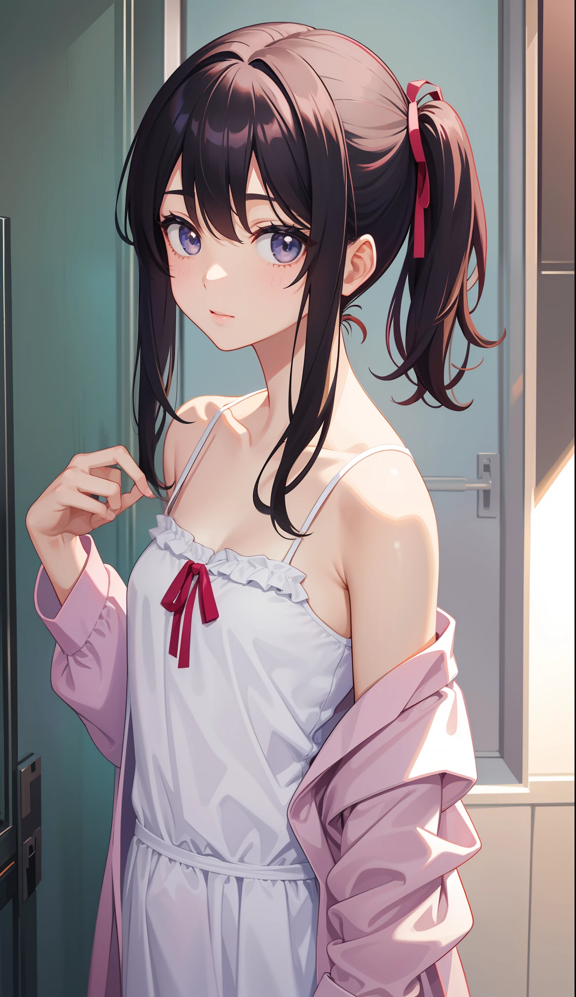 32k, best quality, ultra high res, HDR, UHD, extremely detailed CG, unity 32k wallpaper,  anime girl wearing pink wet clothes, realistic shadow, fine skin, very small breasts, black hair, hair ribbon, very detailed, 8K highly detailed face, perfect face shape, perfect lips, perfect nose, fix beautiful eyes, Audience, masterpiece, highest quality, single girl, No bra, No panties, alone