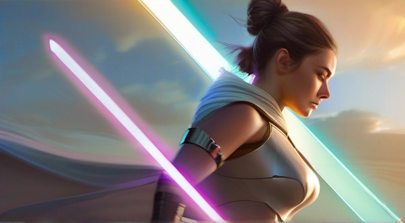 uma mulher em um vestido branco segurando um sabre de luz, Rei, Personagem de Star Wars, Jedi Feminino, Ross Tran 8 K, Alena Aenami e Artgerm, Artgerm Julie Bell Beeple, 8k arte impressionante, Lois Ross, epic digital art illustration, Arte Digital Star Wars, arte de personagem impressionante, Wojtek FUS