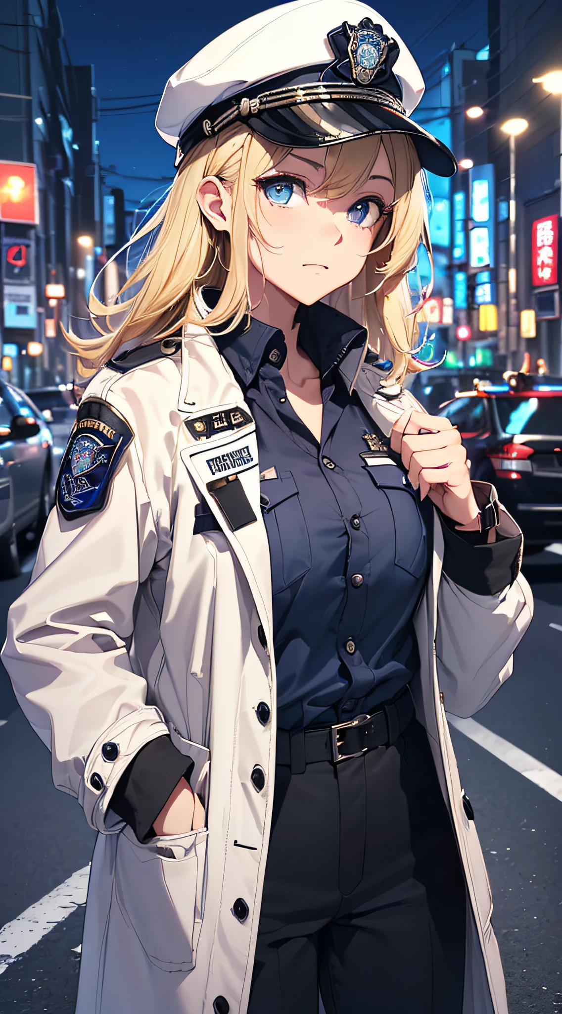 top-quality、Top image quality、​masterpiece、girl with((18year old、White Open Y-Shirt、deerstalker hat、Stylish long coat、Black pants、Best Bust、Bust 85、a blond、Longhaire、Blue eyes、open chest wide、Valley、Happiness、Black wristband on wrist、A slender、耳Nipple Ring、The wind blows,Stick your hands in your pockets、Turn your audience around、cool expression)）hiquality、Camera Film Style、Background with((Tokyo at night、murder scene))、Depth(police officers、police cars、Firefighters、ambulance、Paramedic）masutepiece、cool style、Elaborate design