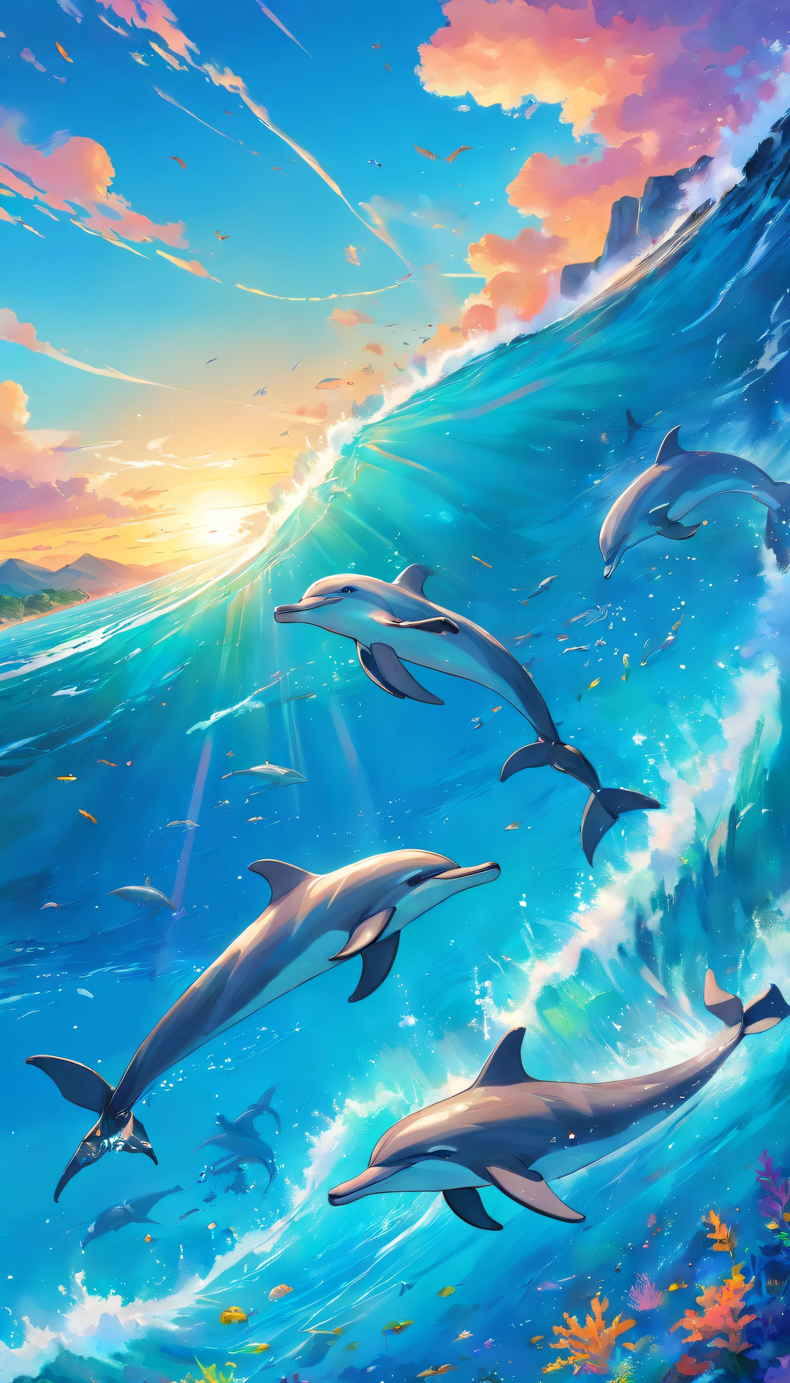 Painting of dolphins swimming in colorful ocean, Look up at the composition, Live water and whales from the sky, inspired by Cyril Rolando, dreamy psychedelic anime, colorful anime movie background, A beautiful artwork illustration, author:Shitao, colorful concept art, Makoto Shinkai Cyrillo Rolando :: Makoto Shinkai, Cyrillo Rolando, black outlining by Renato Guedes, inking by Richard Estes, Ralph Goings, Chuck Close, Charles Bell, Audrey Flack, Don Eddy, Robert Bechtle, Ron Kleemann, Richard McLean, John Salt, Ben Schonzeit, superb quality