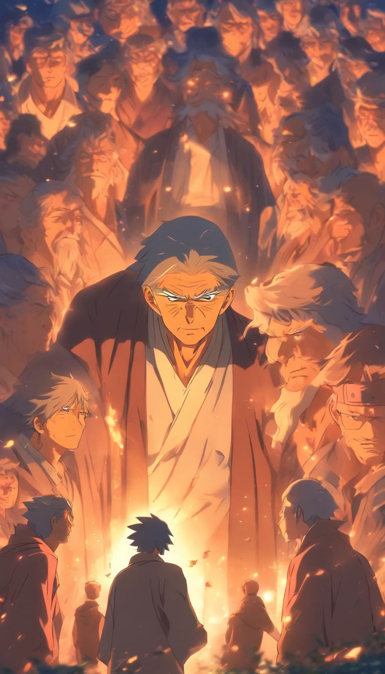 /imagine prompt: An old elder facing a group of young people, filled with self-blame and guilt, ,32k, best quality, masterpiece, super detail, high details, by Makoto Shinkai ,in the style of the stars art group xing xing, --niji 5