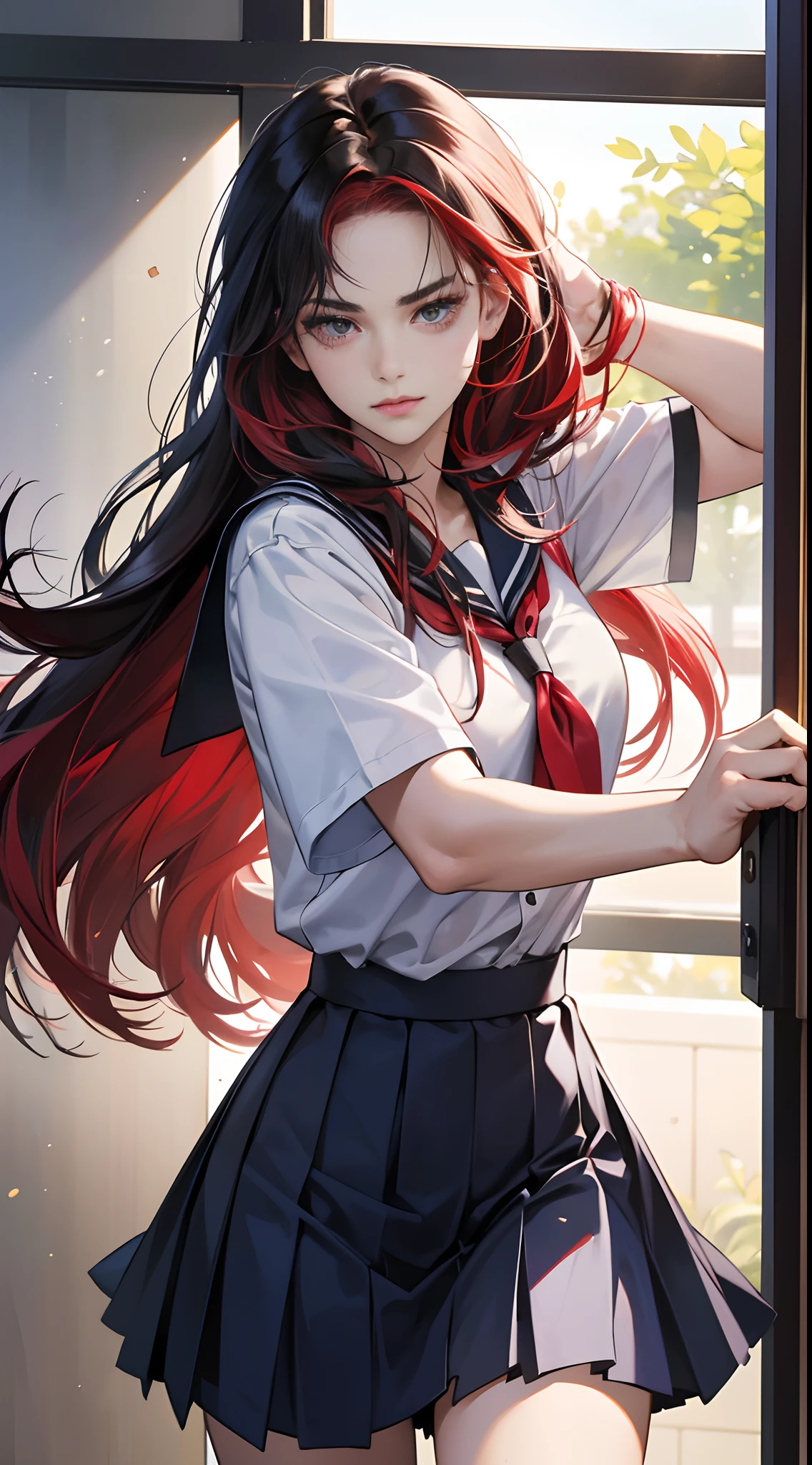 (Best Quality,4K,High resolution), 18yo woman, Red mesh hair on black hair, Long hair, Straight hair, Cool Woman,,sharp eye , buttle,fight,fighting poses,a closeup,Intricately drawn, Realistic portrayal,School classroom background,female high-school student,School Uniforms,Navy blue skirt,summer clothing, shortsleeves,