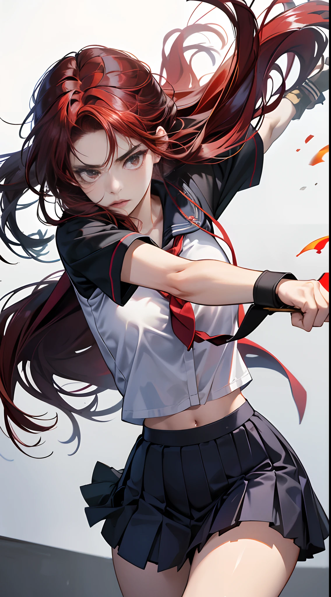 (Best Quality,4K,High resolution), 18yo woman, Red mesh hair on black hair, Long hair, Straight hair, Cool Woman,,sharp eye , buttle,fight,fighting poses,a closeup,Intricately drawn, Realistic portrayal,School classroom background,female high-school student,School Uniforms,Navy blue skirt,summer clothing, shortsleeves,