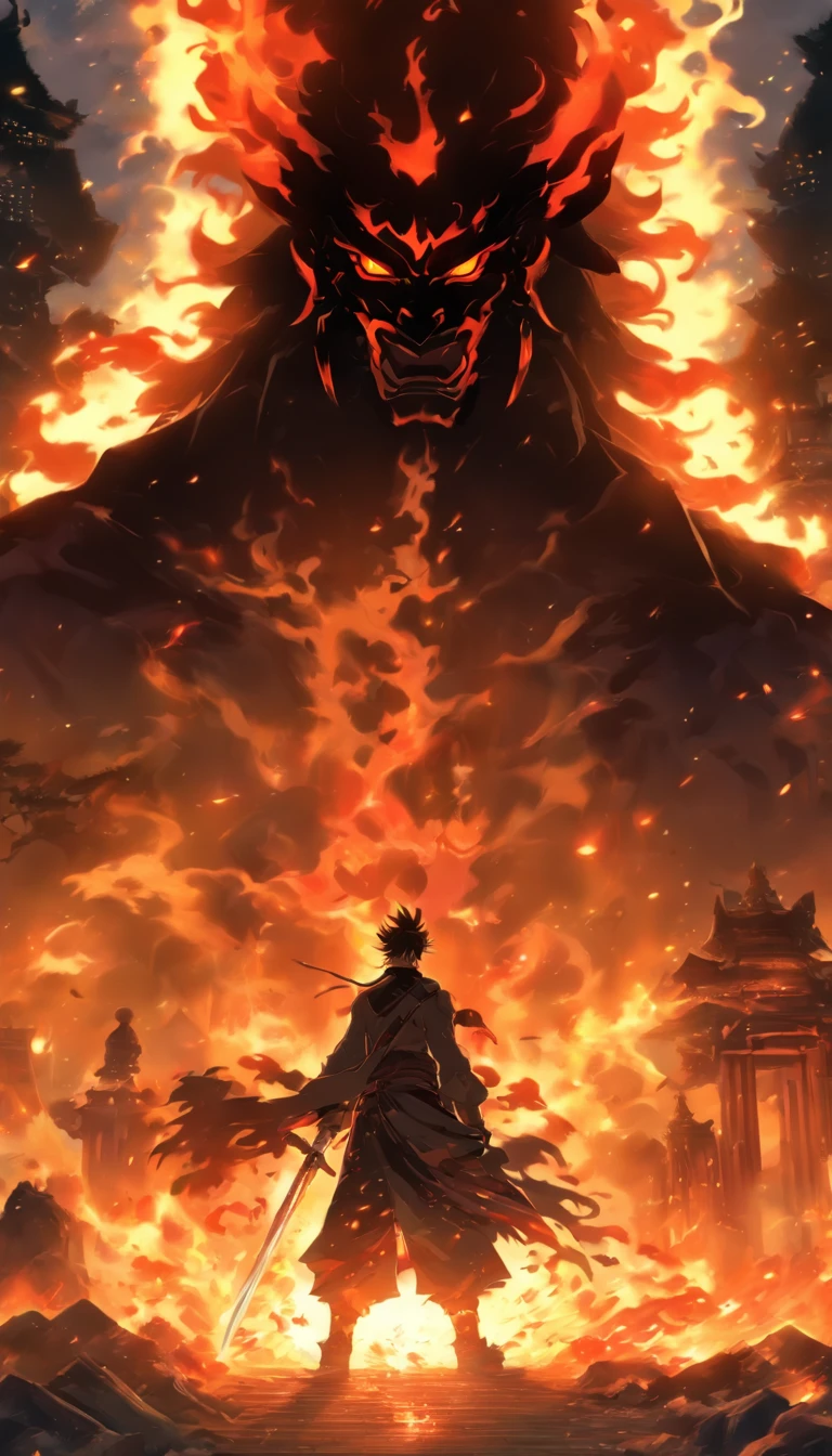 /imagine prompt: A furious man standing in front of an abandoned demon temple, gripping the hilt of his sword with determination in his eyes, surrounded by dilapidated buildings and burning flames symbolizing the cruelty and danger of the battle, ,32k, best quality, masterpiece, super detail, high details, by Makoto Shinkai ,in the style of the stars art group xing xing, --niji 5"