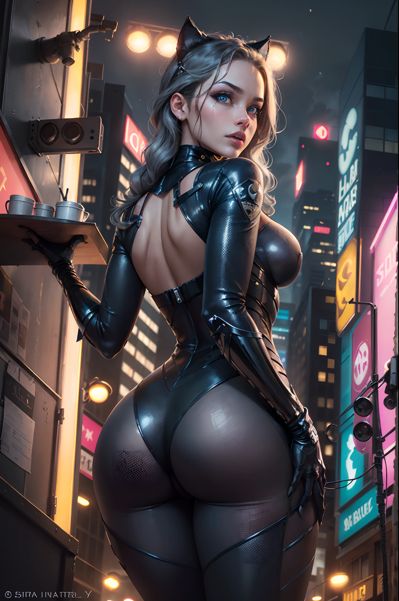 (​masterpiece、4K resolution、A hyper-realistic、ighly detailed、Turn your back), (Black Superheroes theme、Charisma、There is a girl in a Catwoman costume above the town、with his back turned。She's a superhero)、 [((25-years old)、(Long grey hair:1.2)、full body Esbian、(blue eyess:1.2))、((Sandy urban environment):0.8)|(A city scape、natta、Dinamic Light)]#illustrate:Prompts are mainly ultra high definition、very real、Describes highly detailed 4K paintings。A superheroine in a Catwoman costume is depicted at the top of the city。((Ultra-wide-angle lens shooting)), ((Shot looking up from below:1.3)), (((neon light))),