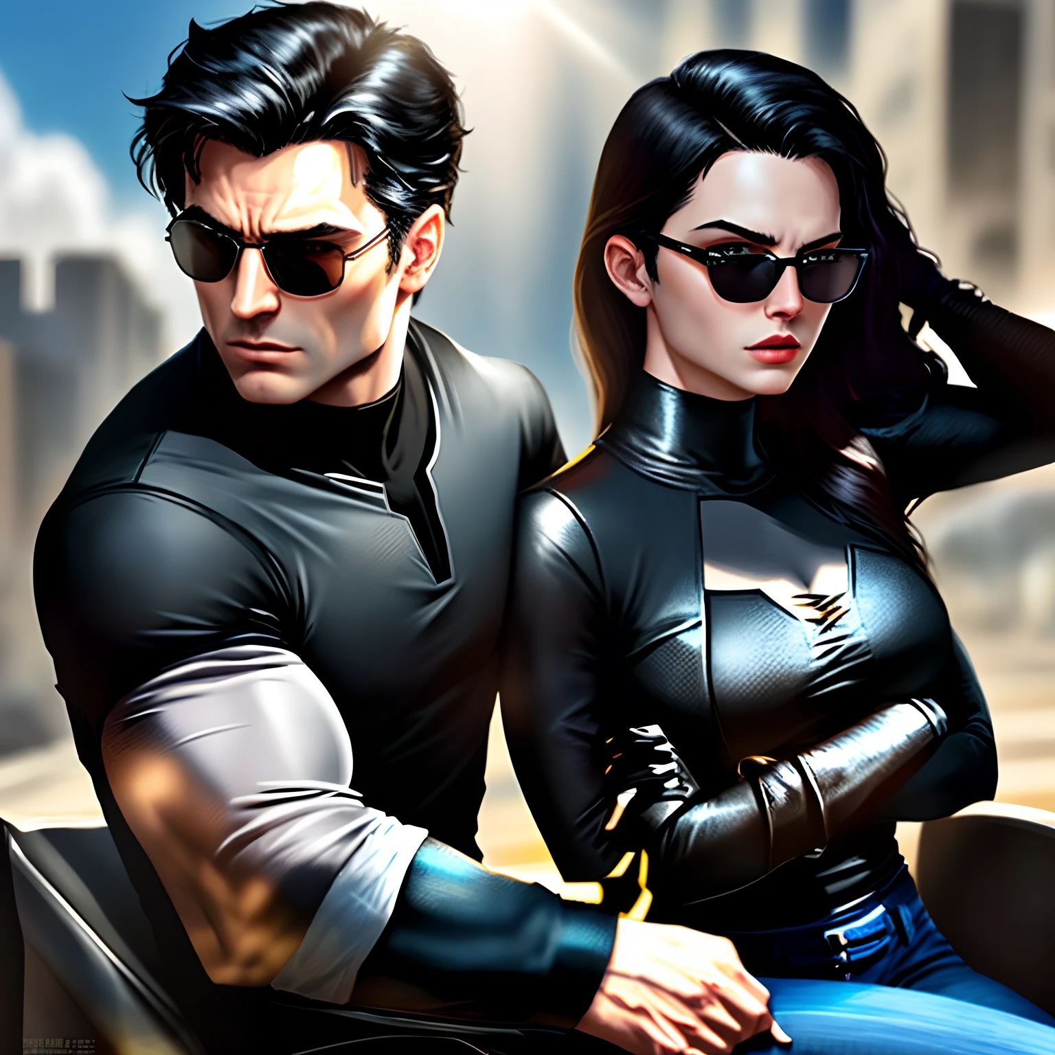 Bruce Wayne, in the style of American comics, the design is wearing a black shirt and jeans, the sun is shining, he is wearing black sunglasses. Around him are a number of beautiful women wearing attractive dresses.