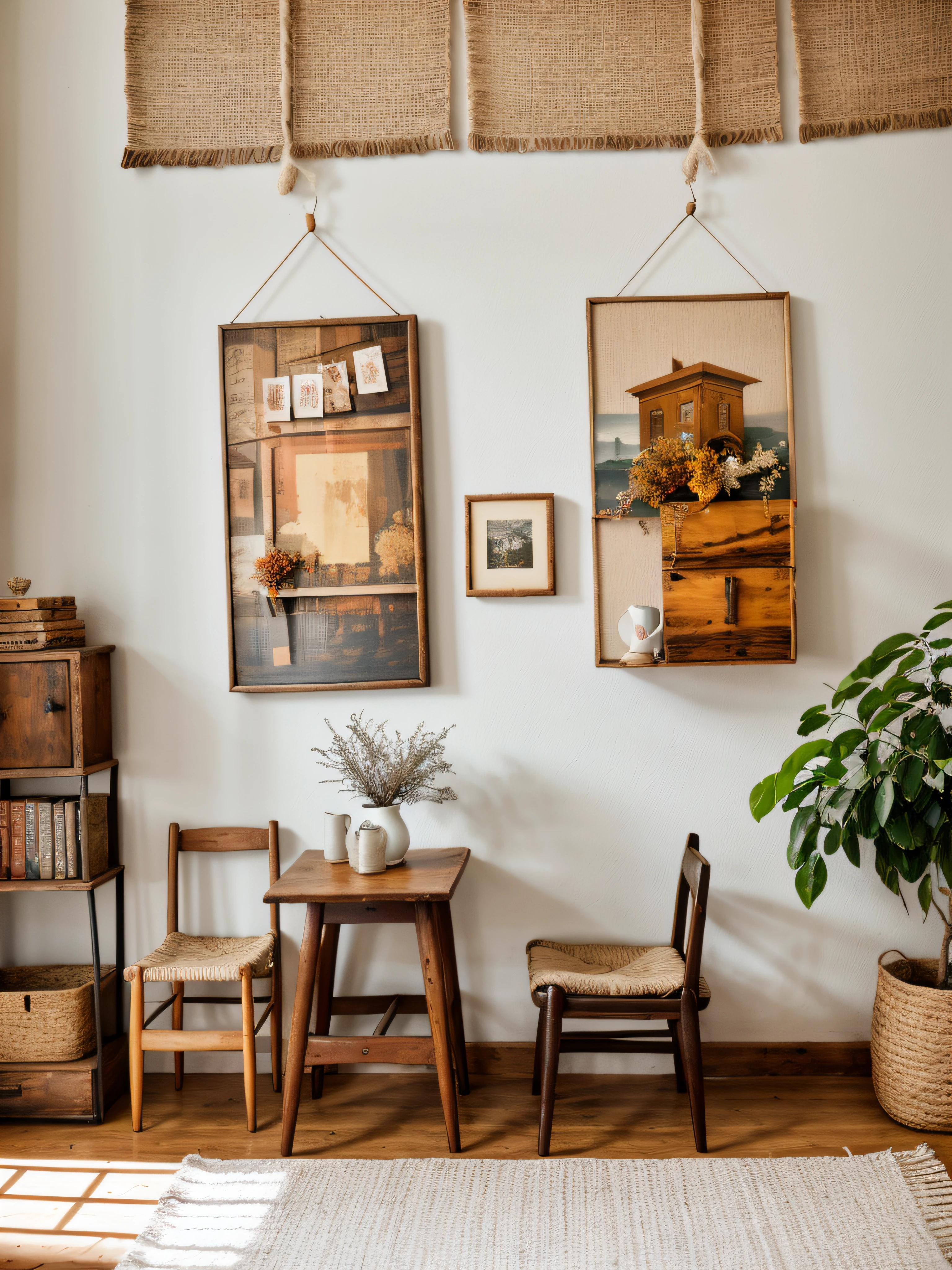 RAW photo, retro style, rough wooden coffee table, framed 2 canvas paintings, simple wooden shelf arrangement on the wall, dry tree branches hanging on the wall, arrangement of books, dried flowers and antiques on the shelf, 8k uhd, dslr, soft lighting, high quality, film grain, Fujifilm XT3