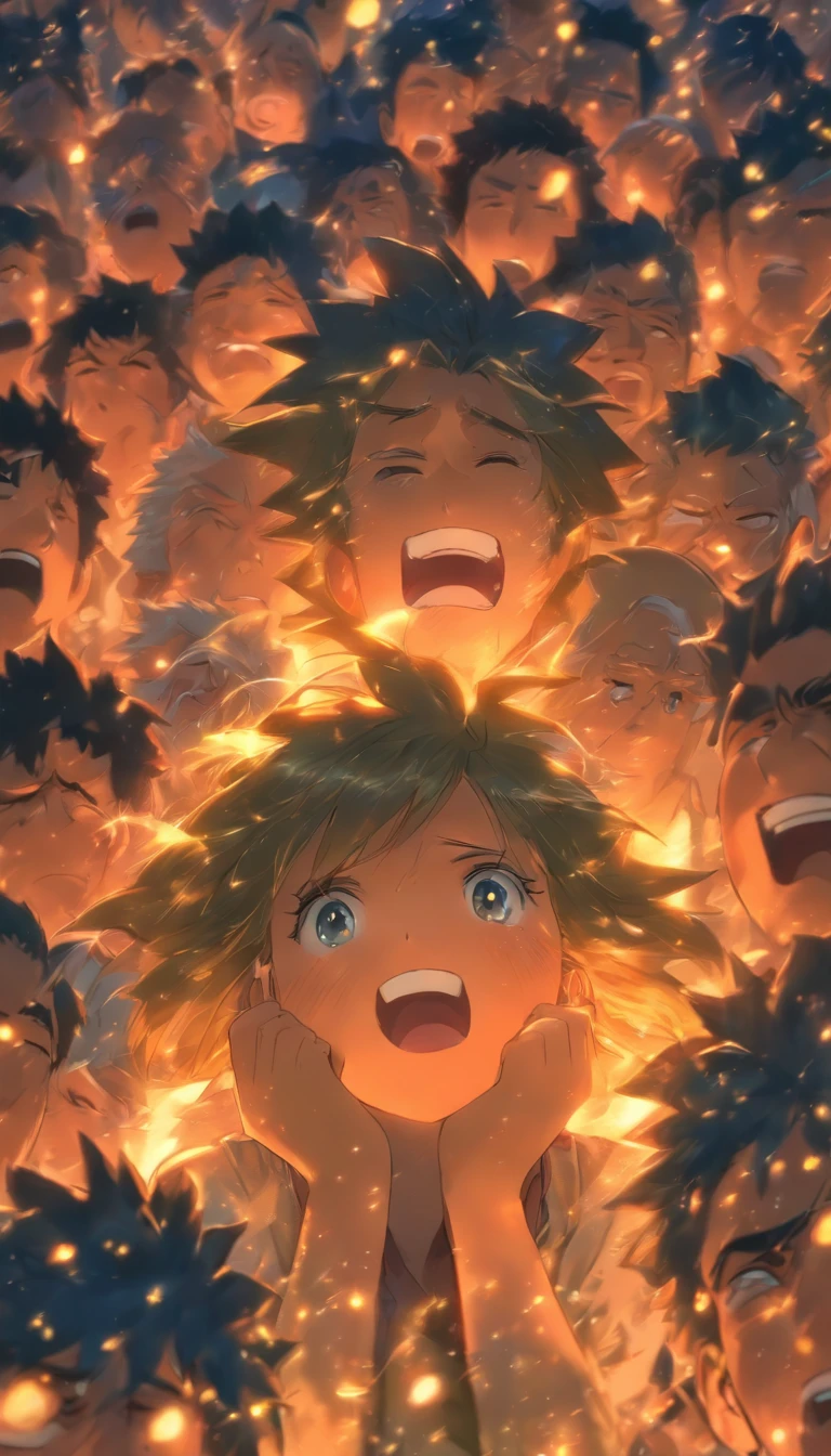 /imagine prompt: A beautiful and anguished woman with tears streaming down her cheeks, surrounded by a group of elderly people with haggard faces, ,32k, best quality, masterpiece, super detail, high details, by Makoto Shinkai ,in the style of the stars art group xing xing, --niji 5