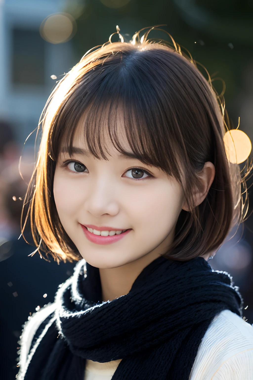 ((no-makeup))、(realisitic、Photorealsitic、ultra-detailliert、Highest Details Skins、top-quality、​masterpiece、超A high resolution)、Cute Japan Woman、sixteen years old、hi-school girl、younggirl、1 girl in、I have bangs、二重まぶた、drooing eyes、Large black eyes、Charming、purity、Cute smile、Natural smile、View here、look at a camera、Realistic skin type、Thick gray muffler、fluffy hair、((Hair is inside the scarf))、Red cheeks、The wind is blowing、It's snowing、illuminations、bright lighting from behind、Medium Bob Cut、nightcity、blurry backround