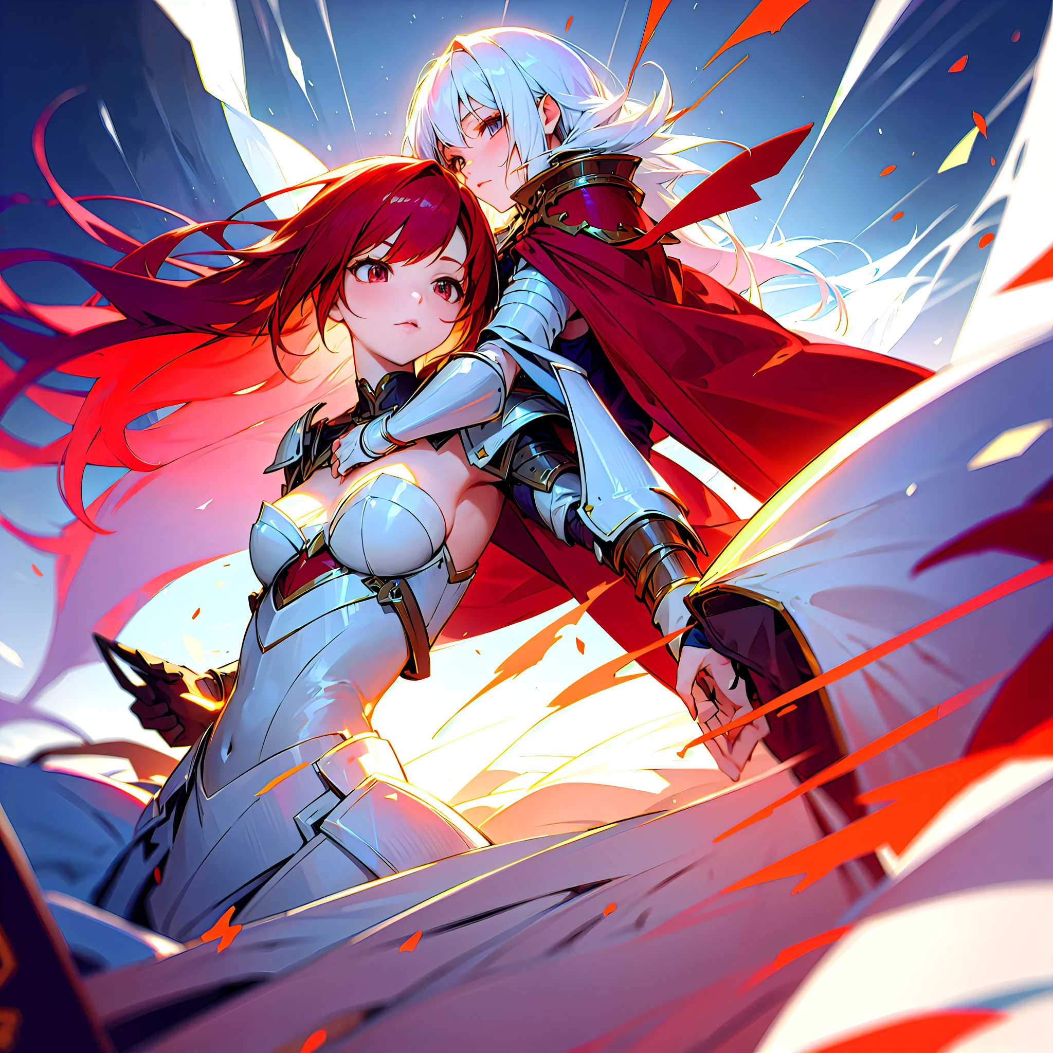 [Anime 1.5], [Goddess 1.5] Duo, Crimson haired and White haired duo, Battle armor, Elegant and beautiful