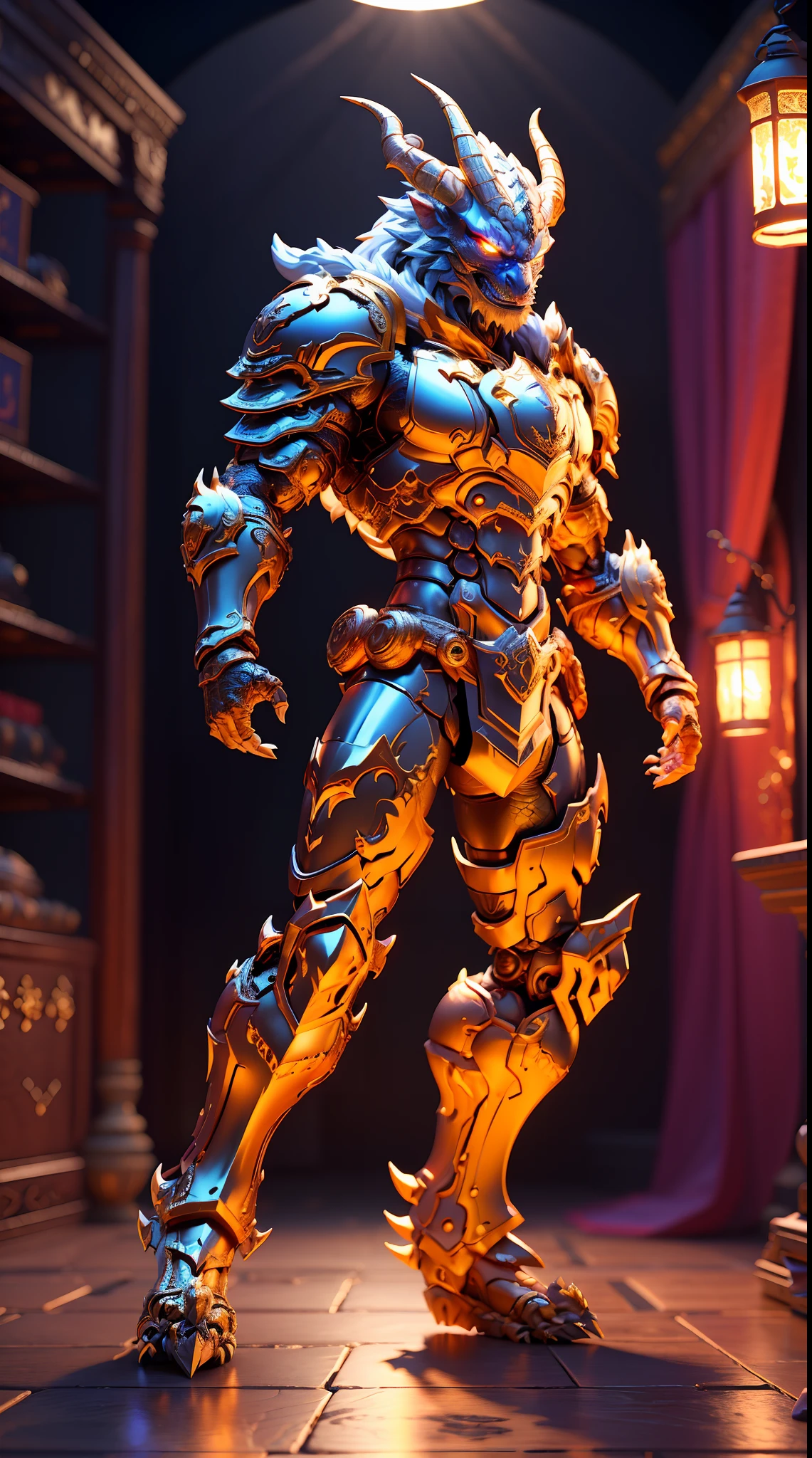 Awe-inspiring dragon guide image, Dragon head man,standing on your feet, Hold the flashlight with one hand, Wearing gold and black armor, Fantasyart, High detail, Cinematic lighting, god light, hyper HD, A high resolution