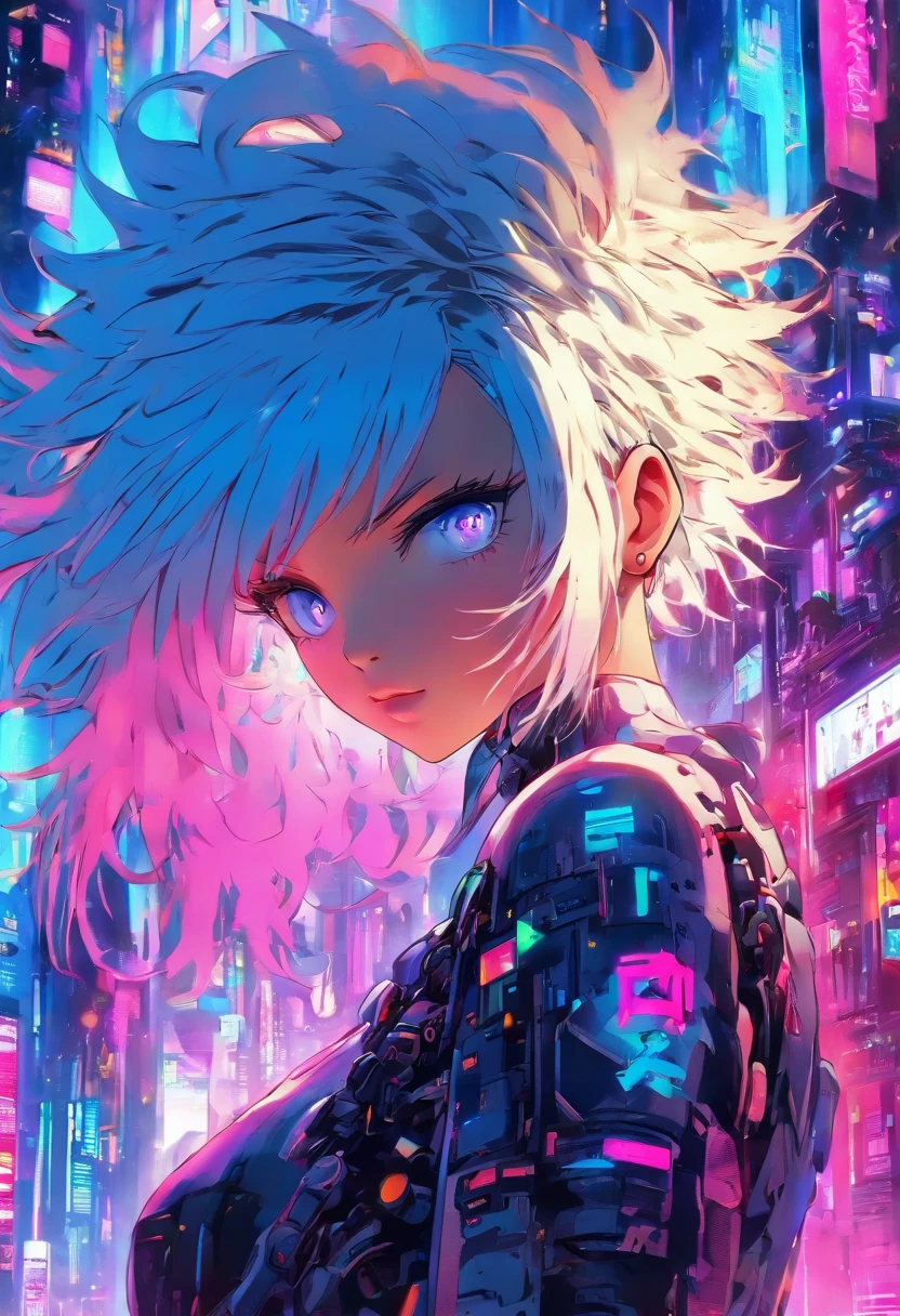 Anime girl with white hair and blue eyes with futuristic background, Digital cyberpunk anime art, digitl cyberpunk - anime art, Detailed digital anime art, dreamy psychedelic anime, Digital anime art, anime girl with cosmic hair, Digital art on Pixiv, Digital anime illustration, style of anime4 K, cyborg - girl with silver hair, anime styled digital art, Cyberpunk art style