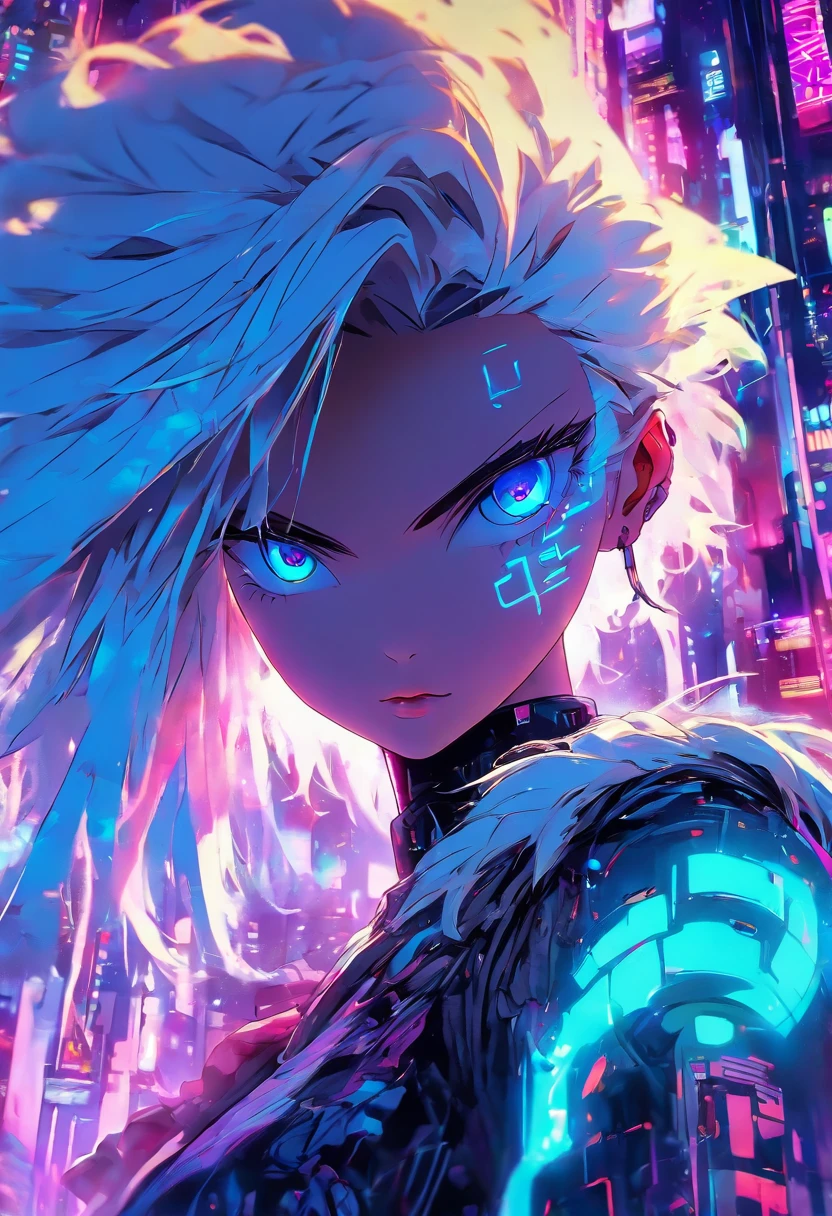 Anime girl with white hair and blue eyes with futuristic background, Digital cyberpunk anime art, digitl cyberpunk - anime art, Detailed digital anime art, dreamy psychedelic anime, Digital anime art, anime girl with cosmic hair, Digital art on Pixiv, Digital anime illustration, style of anime4 K, cyborg - girl with silver hair, anime styled digital art, Cyberpunk art style