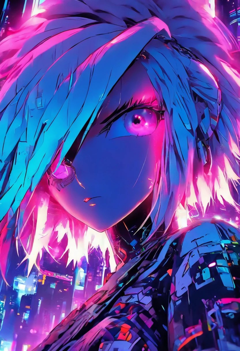 Anime girl with white hair and blue eyes with futuristic background, Digital cyberpunk anime art, digitl cyberpunk - anime art, Detailed digital anime art, dreamy psychedelic anime, Digital anime art, anime girl with cosmic hair, Digital art on Pixiv, Digital anime illustration, style of anime4 K, cyborg - girl with silver hair, anime styled digital art, Cyberpunk art style