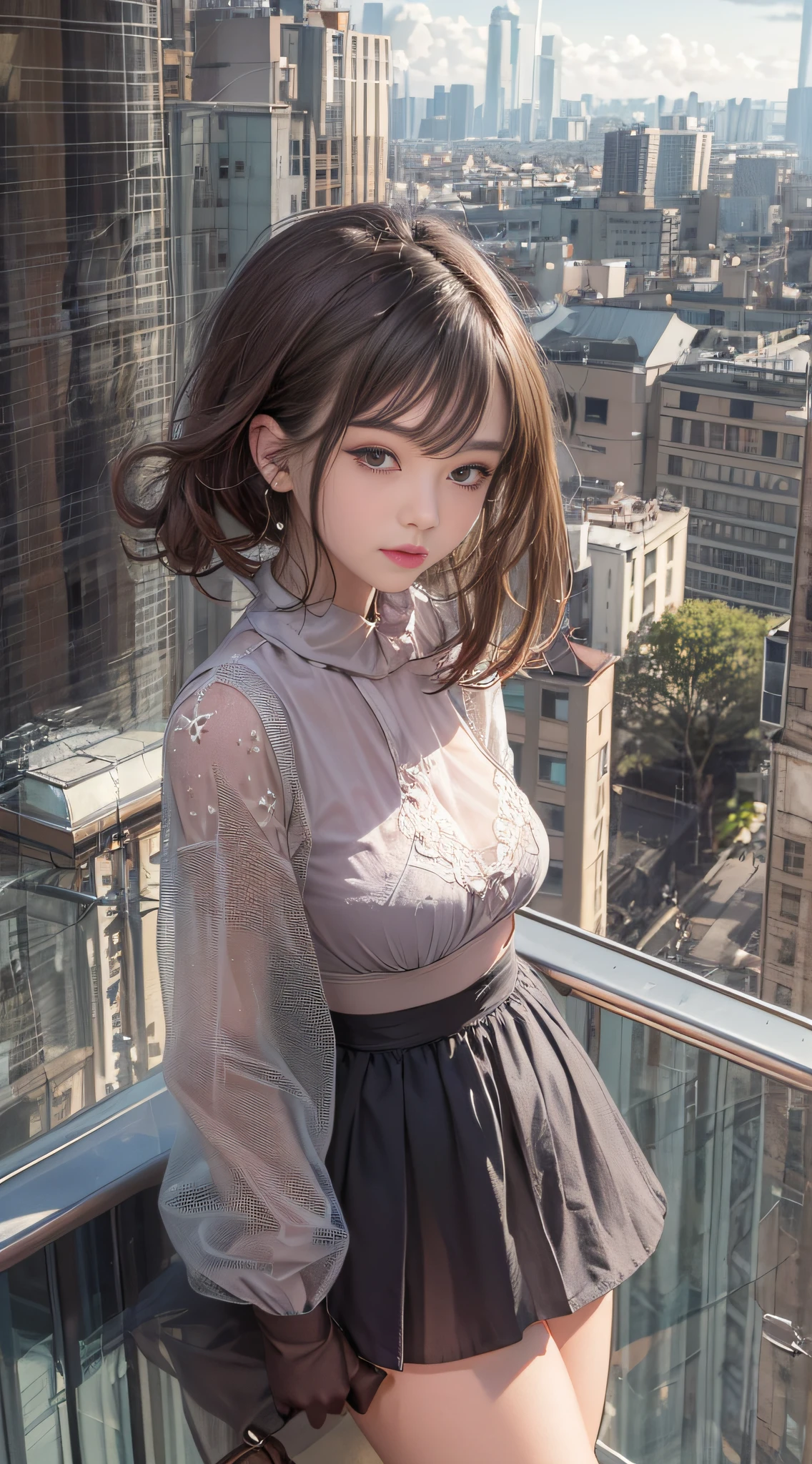 ((midynight, Need, 8K, tmasterpiece:1.3)), full bodyesbian, Long legs, Focalors:1.2, perfect figure beautiful woman:1.4, Slim abs:1.1, ((Dark brown hair, huge tit:1.2 )), (Lingerie transparent, transparent panty, standing on your feet:1.2), ((urban street scene, the roof:1.3)), Highly detailed facial and skin texture, A detailed eye, 二重まぶた