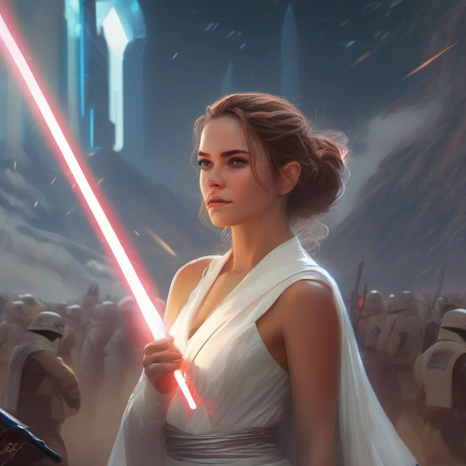 uma mulher em um vestido branco segurando um sabre de luz, Rei, Personagem de Star Wars, Jedi Feminino, Ross Tran 8 K, Alena Aenami e Artgerm, Artgerm Julie Bell Beeple, 8k arte impressionante, Lois Ross, epic digital art illustration, Arte Digital Star Wars, arte de personagem impressionante, Wojtek FUS