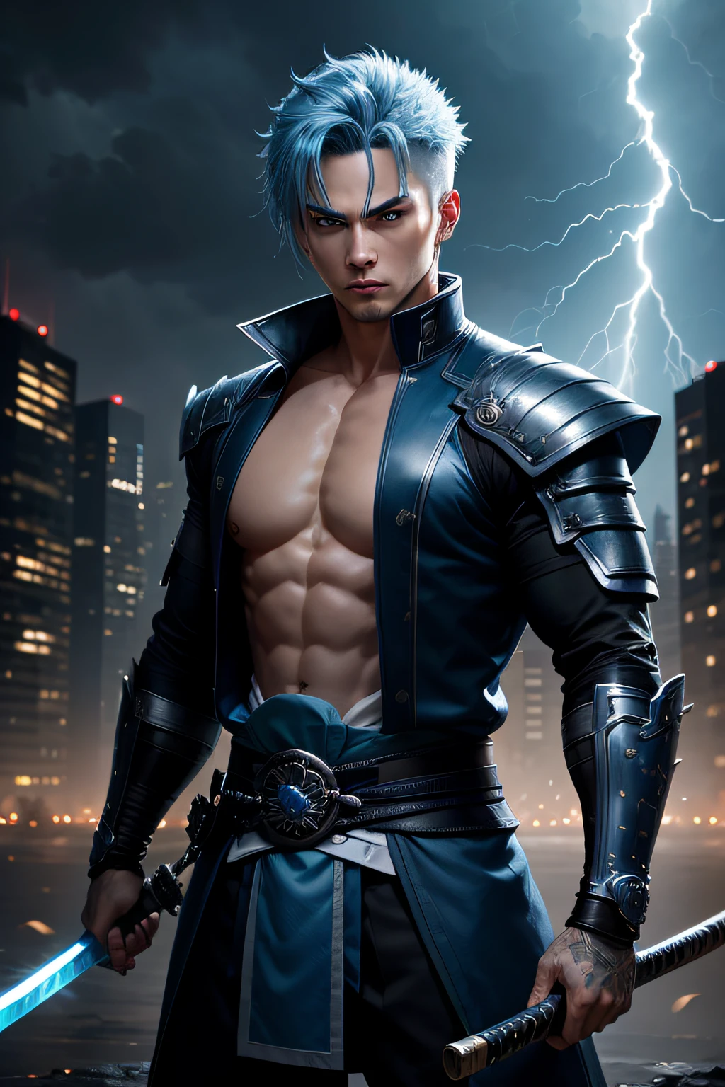 1men, blue hair, blue eyes, wearing blue and white shirt with black and blue samurai coat,
katana on waist, white handle, storm, city, darker, lightning, high res, ultrasharp, 8K
