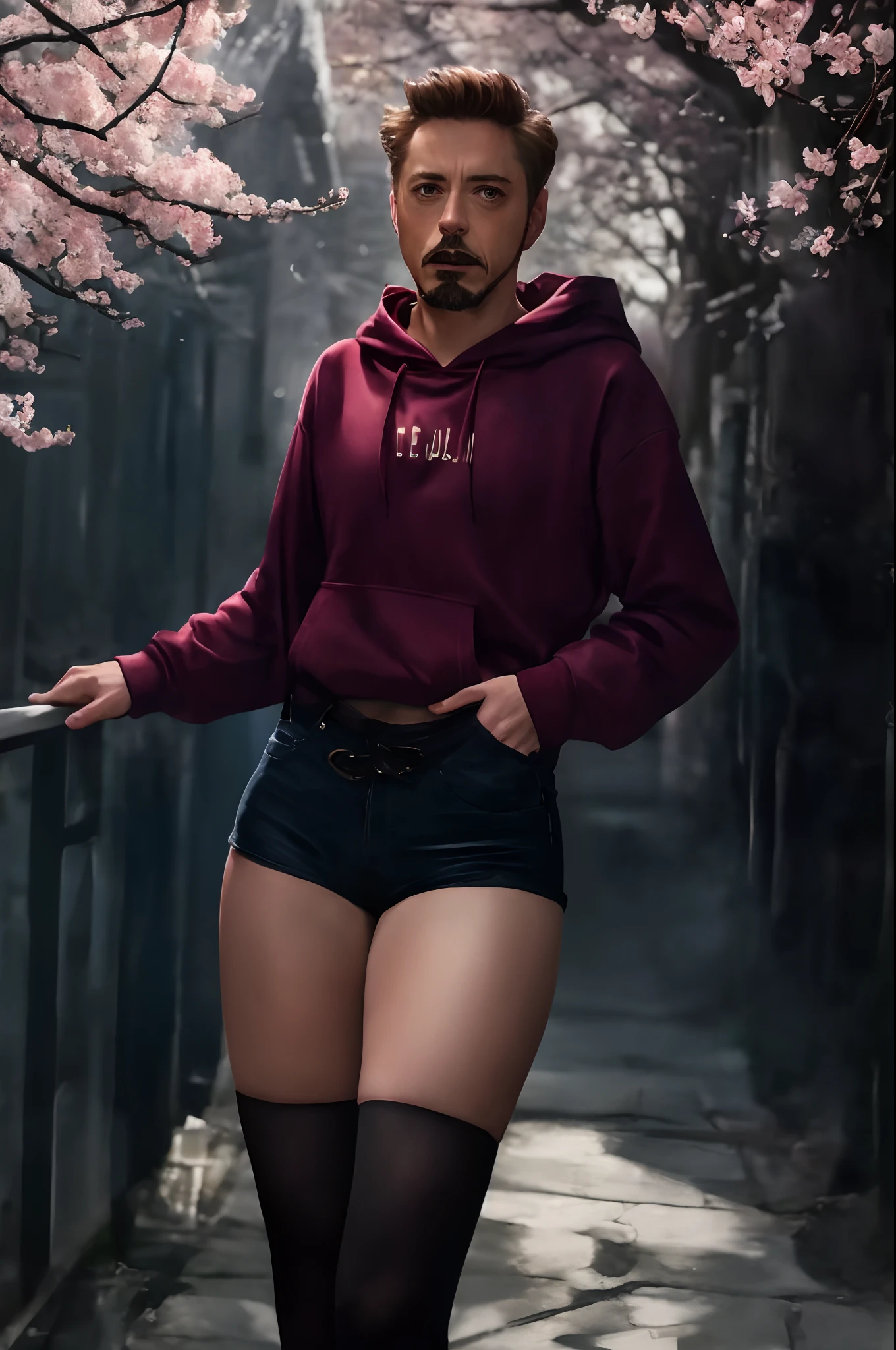 Robert Downey as a 16 year old girl, hoodie, tiny shorts, waist-high black tights, exposed thighs, very fair skin, Robert Downey's haircut, Mustache and goatee, Temple of Saolin, cherry blossom , Indirect lighting, volumetric light, hyper-detailed, Captured by Panavision Panaflex Platinum
