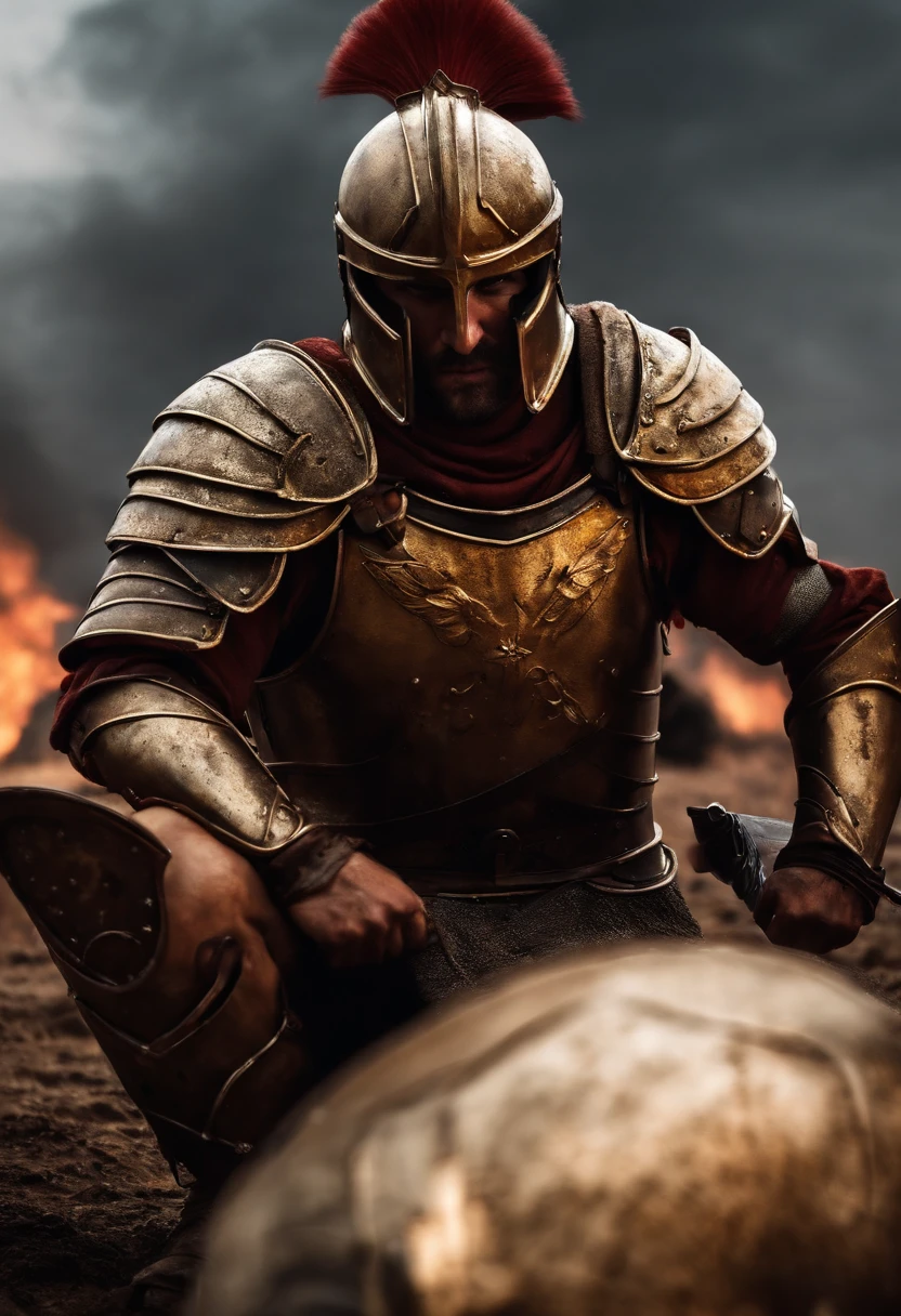 Spartan warrior, bloody armor, Battles on the battlefield, On his knees, Facing the front, Exhausted from serious injuries and removed the helmet