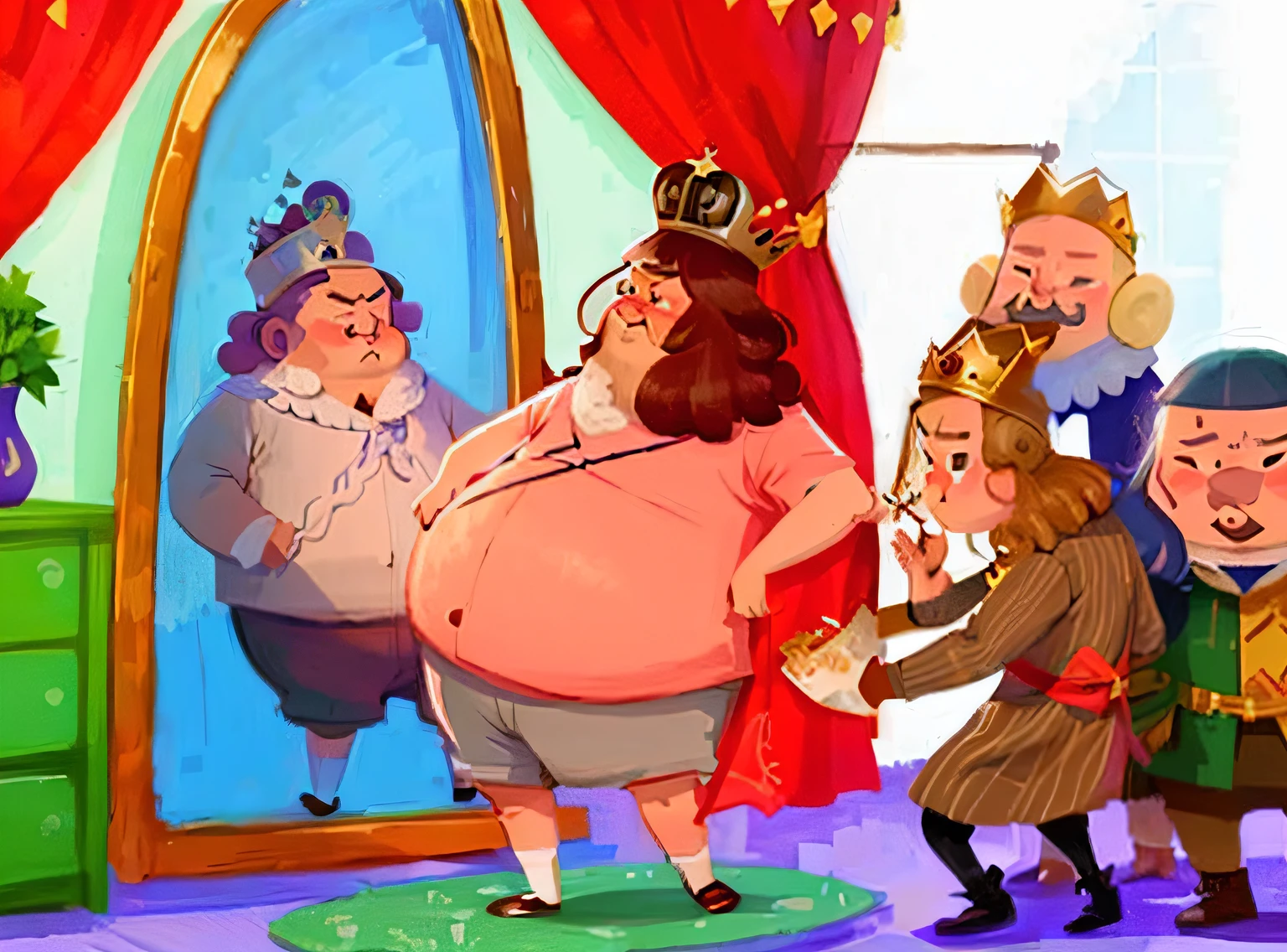 A fat yellow-haired man with a crown wearing white panties with a shirtless upper body,In front of the mirror,There were two soldiers next to them