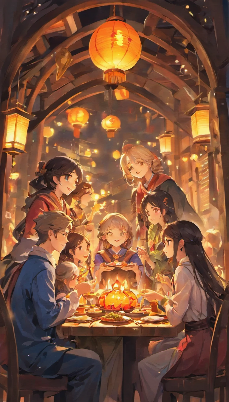 The family sits together, Enjoy a festive dinner, Surrounded by a warm and comfortable atmosphere. The room was beautifully decorated,Equipped with lanterns, Symbolizes the joy of the Mid-Autumn Festival. The table is filled with a variety of delicacies, Includes traditional mooncakes. Moonlight shone through the windows, Cast a soft glow on everyone's face. The family smiled and talked, Express their love and happiness on this special occasion. The artwork is created with the finest materials, Such as oil painting or high-resolution digital rendering, Ensure the highest quality and detail. The colors are vivid and vibrant, Create visually stunning representations for holiday celebrations. Well designed lighting, Focus on capturing the warm and tranquil atmosphere of the evening. The artwork is a masterpiece, With ultra-fine elements and realistic, Photorealistic style. The moon in the night sky is depicted as a perfect circle, Represents the full moon of the Mid-Autumn Festival. The scene was full of fun, Love, and togetherness, Capture the essence of the festival.