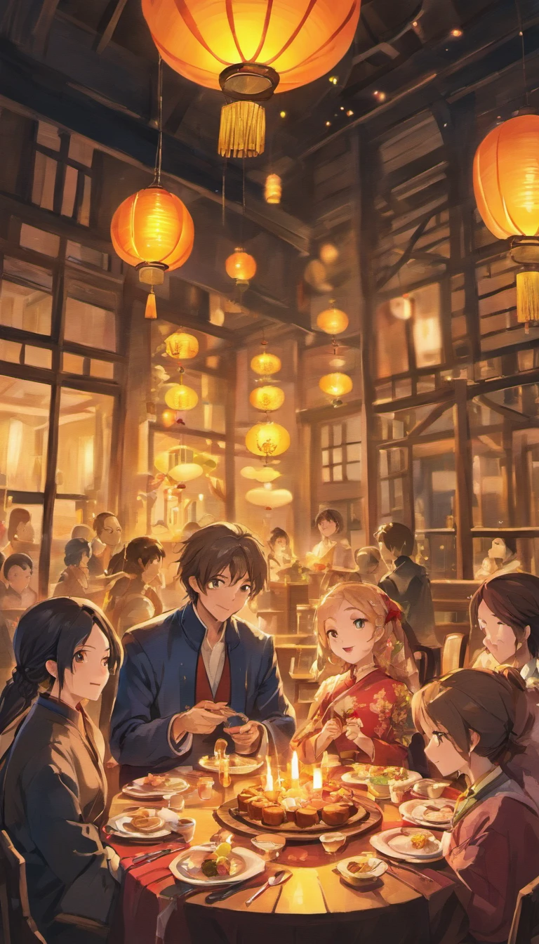 The family sits together, Enjoy a festive dinner, Surrounded by a warm and comfortable atmosphere. The room was beautifully decorated,Equipped with lanterns, Symbolizes the joy of the Mid-Autumn Festival. The table is filled with a variety of delicacies, Includes traditional mooncakes. Moonlight shone through the windows, Cast a soft glow on everyone's face. The family smiled and talked, Express their love and happiness on this special occasion. The artwork is created with the finest materials, Such as oil painting or high-resolution digital rendering, Ensure the highest quality and detail. The colors are vivid and vibrant, Create visually stunning representations for holiday celebrations. Well designed lighting, Focus on capturing the warm and tranquil atmosphere of the evening. The artwork is a masterpiece, With ultra-fine elements and realistic, Photorealistic style. The moon in the night sky is depicted as a perfect circle, Represents the full moon of the Mid-Autumn Festival. The scene was full of fun, Love, and togetherness, Capture the essence of the festival.
