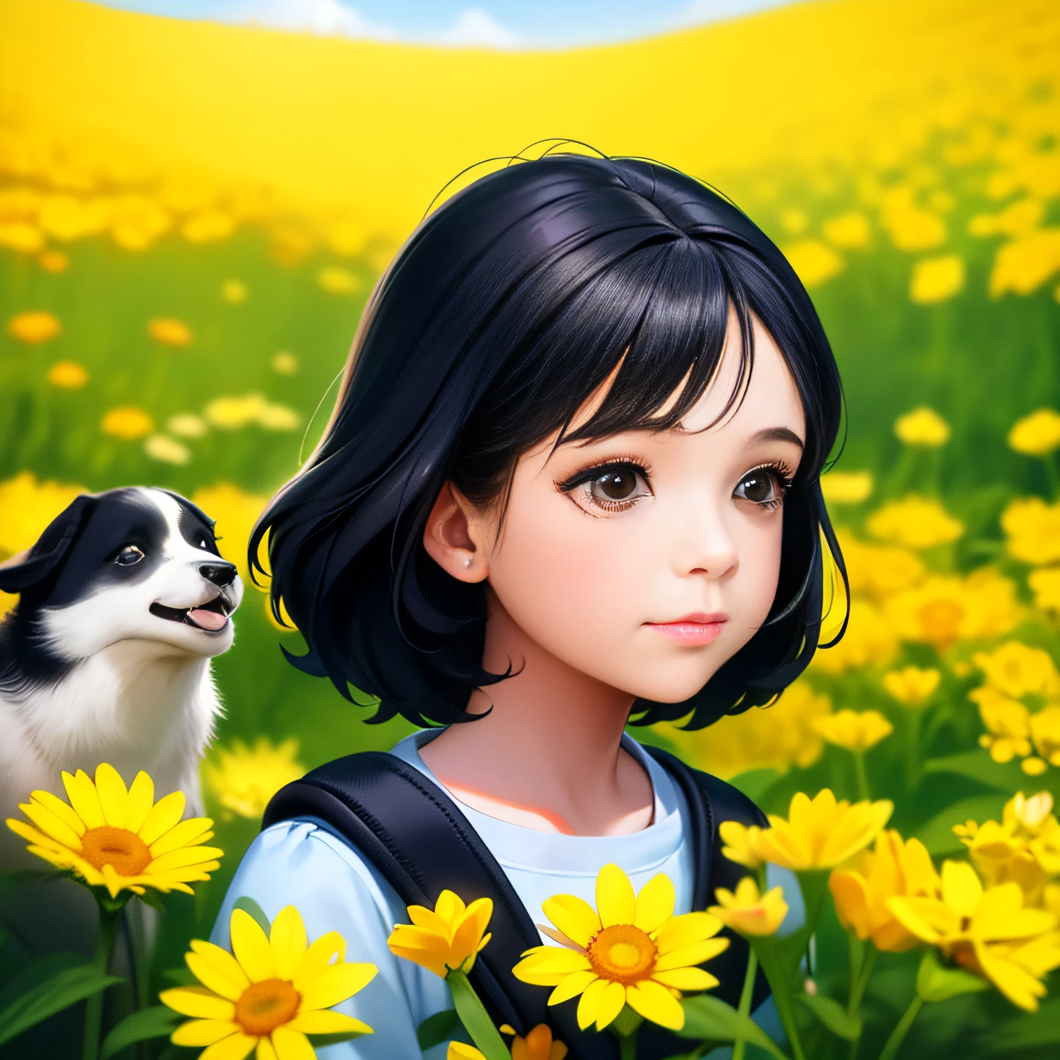 A very charming with a backpack and her cute border collie puppy enjoying a lovely spring outing surrounded by beautiful yellow flowers and nature. The illustration is a high-definition illustration in 4K resolution with highly detailed facial features and cartoon-style visuals.