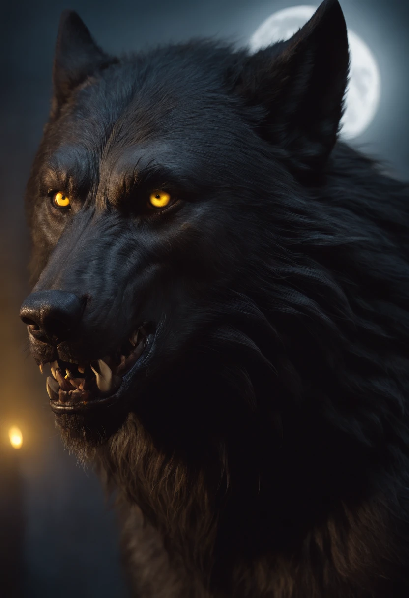 Black werewolf, Yellow eyes, moon, atmospheric lighting