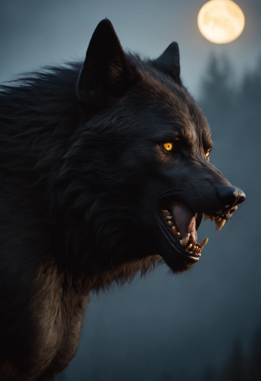 Black werewolf, Yellow eyes, moon, atmospheric lighting