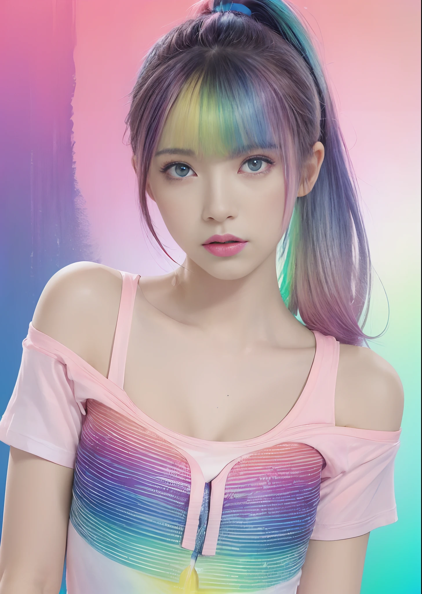 (Pink fashion T-shirt:1.9)、(colourful hair:1.8)、(all the colours of the rainbow:1.8)、((((Vertical Painting:1.6)))、(Painterly:1.6)、frontage、comic strip、illustratio、Painterly、big eye、Sheer eyes、(Iridescent gradient high ponytail:1.7)、Exquisite makeup、Mouth closed、(Small fresh:1.5)、(Wipe Chest:1.6)、long eyeslashes、White off-the-shoulder T-shirt、White shoulder shirt、looking at the spectator、Large watery eyes、(rainbow-colored hair:1.6)、 color splashes, (独奏:1.8), color splashes, Color explosion, Thick paint style, Messy lines, ((Shines)), (colourfull), (colourfull), colourfull, colourfull, Chic paint style, (Splash) (color splashes), Vertical Painting, The upper part of the body, Paint splashes, Acrylic Pigment, gradients, paint, Top image quality, Top image quality, ​masterpiece, 独奏, depth of fields, facepaint, colourful clothes, (elegent: 1.2), Gorgeous,length hair, the wind, (elegent: 1.3), (flower petals:1.4)、(((​masterpiece)))、(((top-quality)))、((ultra-detailliert))、(illustratio)、(dynamic ungle)、((Planktonic))、(paint)、((dishevled hair))、(独奏)、(1girl in)、((Detailed anima face)))、((beautifull detailed face))、collars、bare shoulders​、white  hair、((colourful hair))、(((striated hair))、beatiful detailed eyes、(Gradient color eyes)、(((Colorful eyes))))、(colorful backdrop))))、((((a high chroma))))、(((Surrounded by colorful splashes)))、 information