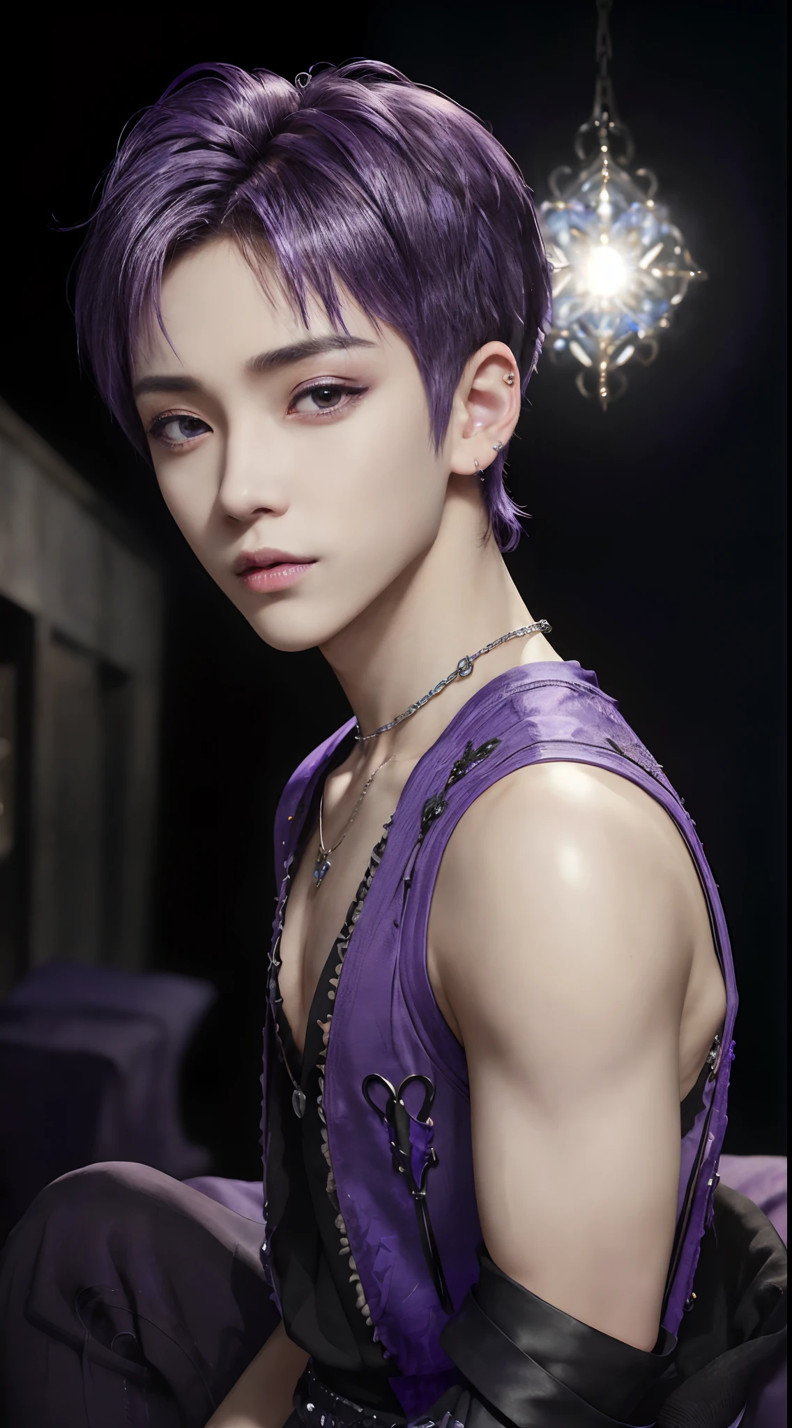 masterpiece, top-quality, 1male people, Adults, intricate detailes, ((Black and white fashion plain clothes)), Happiness, tenderness, high-level image quality、nightfall、Korean Male, k pop, Professional Photos, Vampires, Fedoman with necklace, inspired by Sim Sa-jeong, androgynous vampire, :9 detailed face: 8, extra detailed face, detailed punk hair, ((eyes are brown)) baggy eyes, Seductive. Highly detailed, semi realistic anime, Vampires, hyperrealistic , delicate androgynous prince, imvu, short hair above the ears, Man with short hair, ((Purple hair man with wild expression)), ((Man with short hair in bright purple)), ((Only one man))