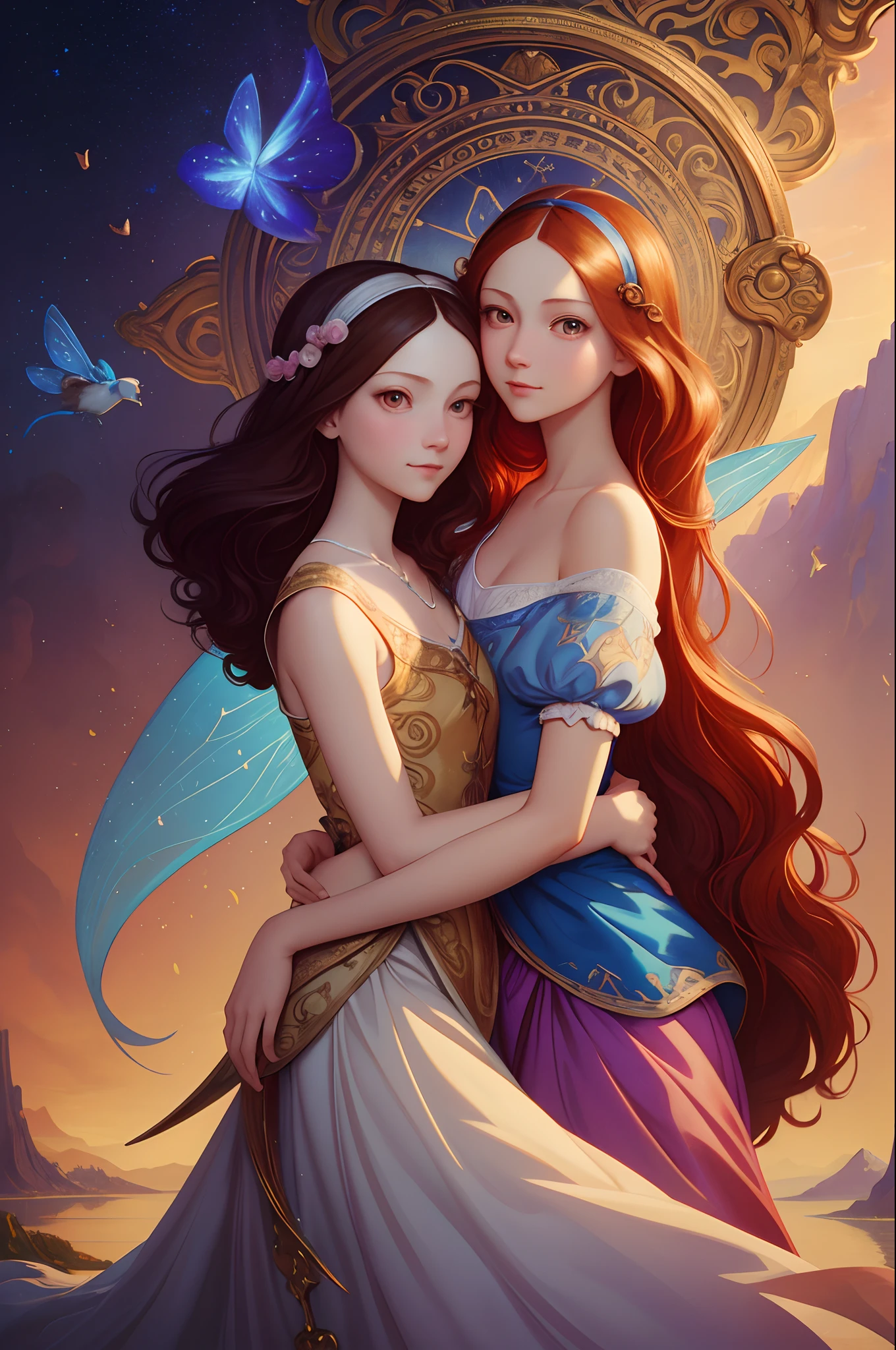 masterpiece,best quality, (in Leonardo Da Vinci style:1.3), (baroque:1.3), 1girl, hugging on ,white dog,(magical:1.3) bridge, digital painting, dreamlike, trending on artstation, award winning oil painting,fairy tales, pixar, disney, dreamworks style, surrounded by magic on a dreamlike mountain, rendered in intricate detail in a digital painting with sharp focus, inspired by fairy tales and animated movies from pixar, Disney, and dreamworks, and created by the talented artists lois van baarle, Loish, Ross Tran, Rossdraws, samis arts, and artgerm, Trending on Artstation, face focus,