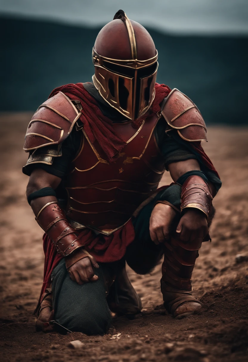 Spartan warrior, bloody armor, Battles on the battlefield, On his knees, Facing the front, Seriously injured and exhausted and removing helmet