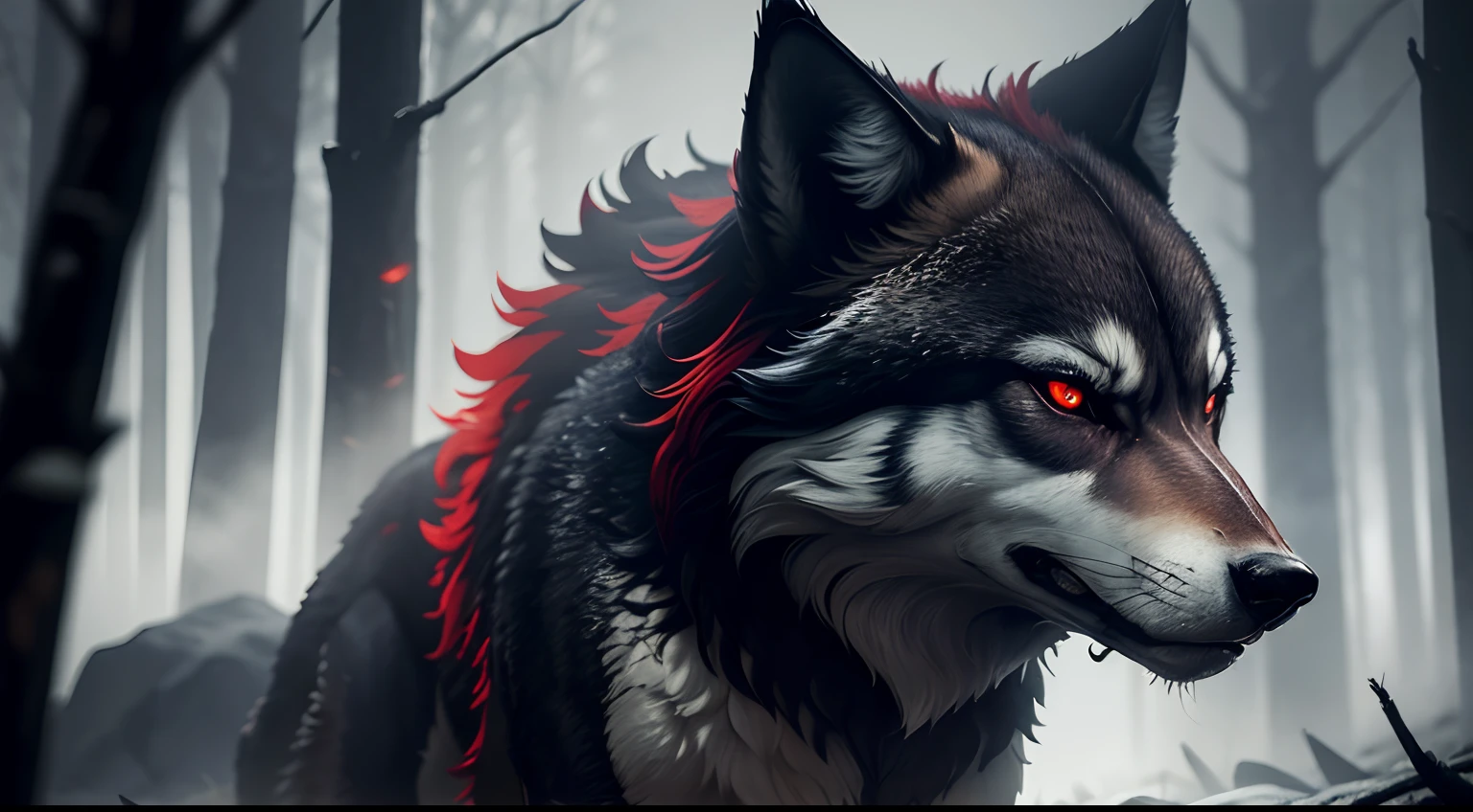 In a dark and gloomy forest, fierce and furious wolf with red eyes looking at the forest looking for prey. 4K and realistic image.