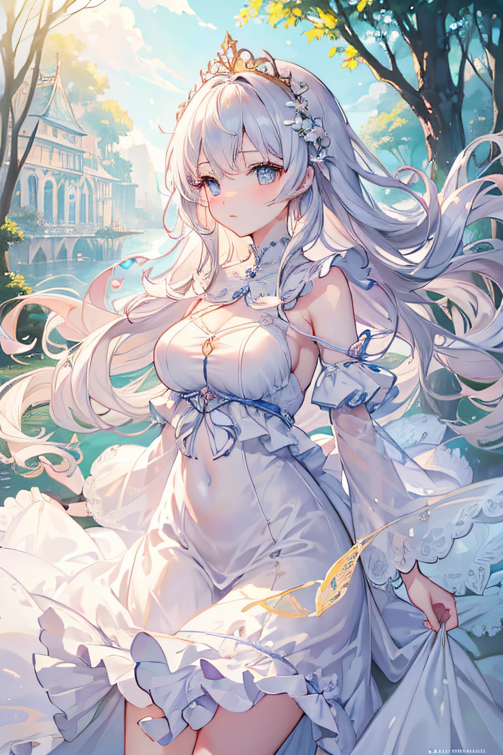 (extremely detailed CG unity 8k wallpaper),(((masterpiece))), (((best quality))), ((ultra-detailed)), (best illustration),(best shadow), ((an extremely delicate and beautiful)),dynamic angle,floating, solo,((1girl)),{long wavy curly hair},expressionless,((white idol dress)), anglesailor dress,(detailed wet clothes),silk shawl,bikini,underboob, frills,cute anime face,blush,(beautiful detailed eyes), (detailed light),feather, nature, (sunlight), river, (forest),(((floating palace))),beautiful and delicate water,(painting),(sketch),(bloom),(shine),
