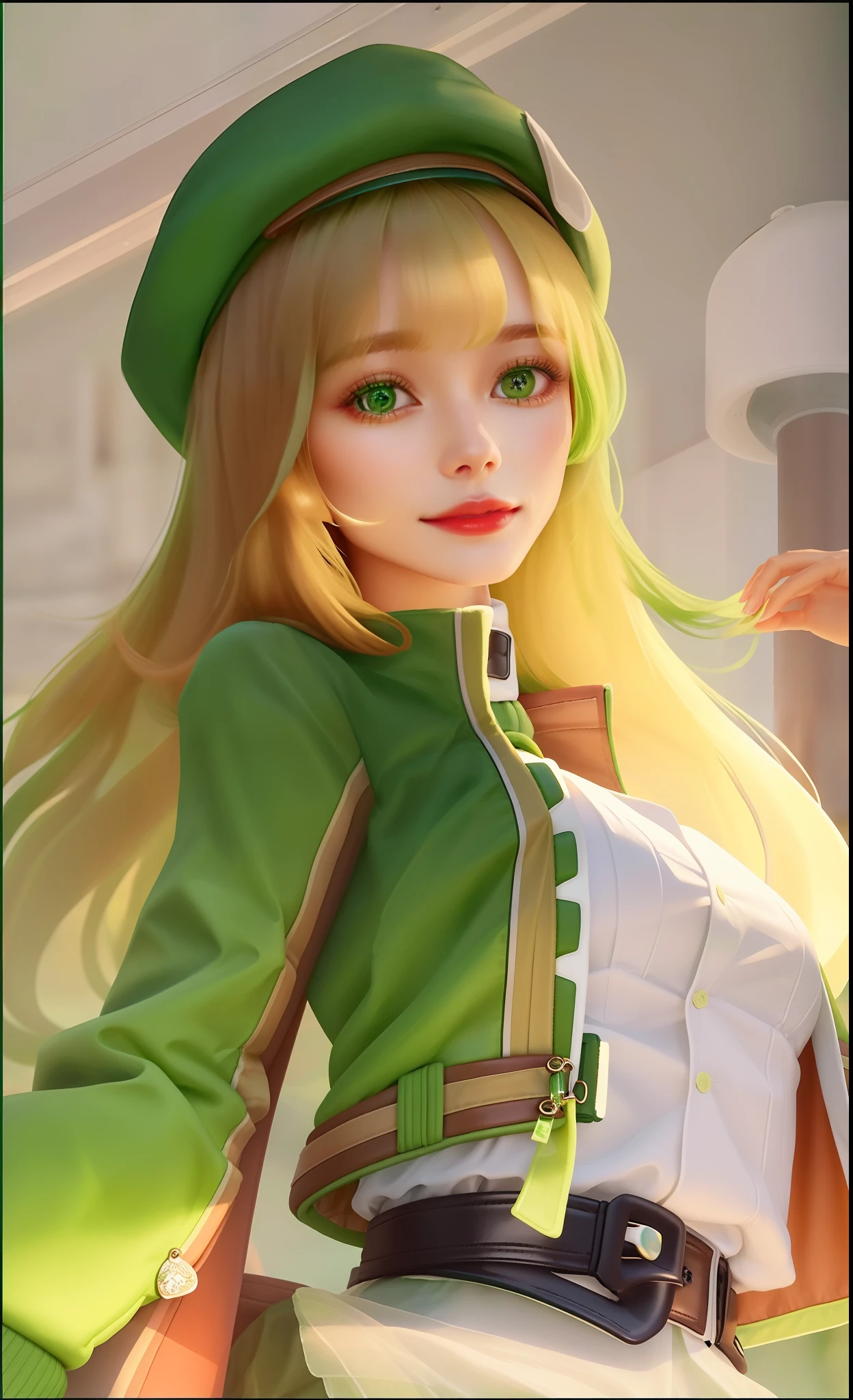 a close up of a woman in a green hat and a green jacket, blush, (lovely smile), extremely detailed artgerm, style artgerm, made with anime painter studio, artgerm on artstation pixiv, in style of artgerm, ig model | artgerm, style of artgerm, ! dream artgerm, artgerm lau