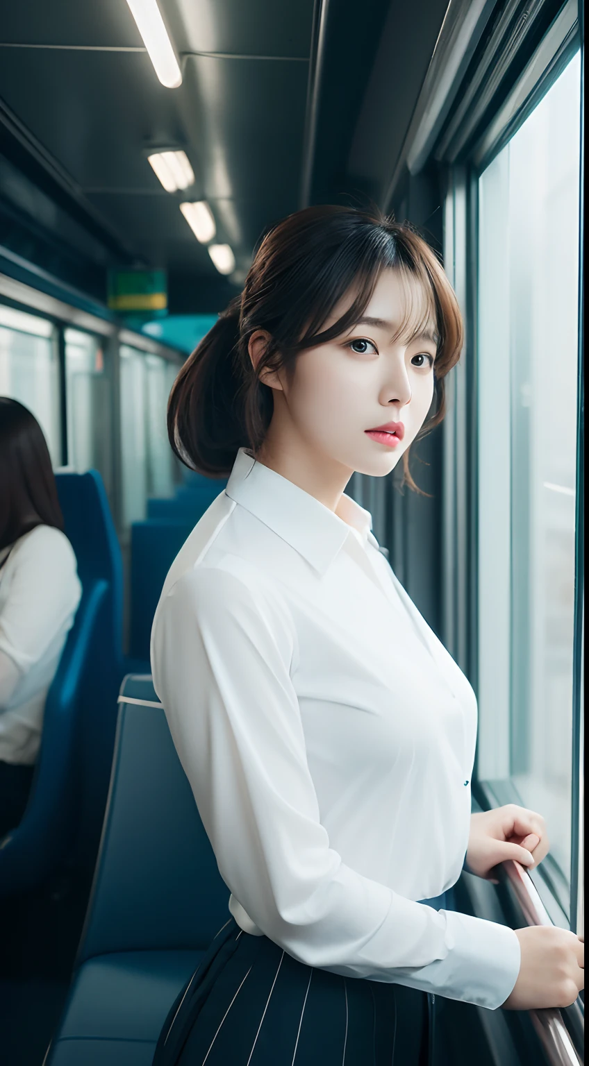 Realistic photos of 1 cute Korean actress, hair over shoulder, White skin, thin makeup, Bust size 32 inches, Wearing office uniform, on the train, upper body portrait, cinematic lighting, UHD