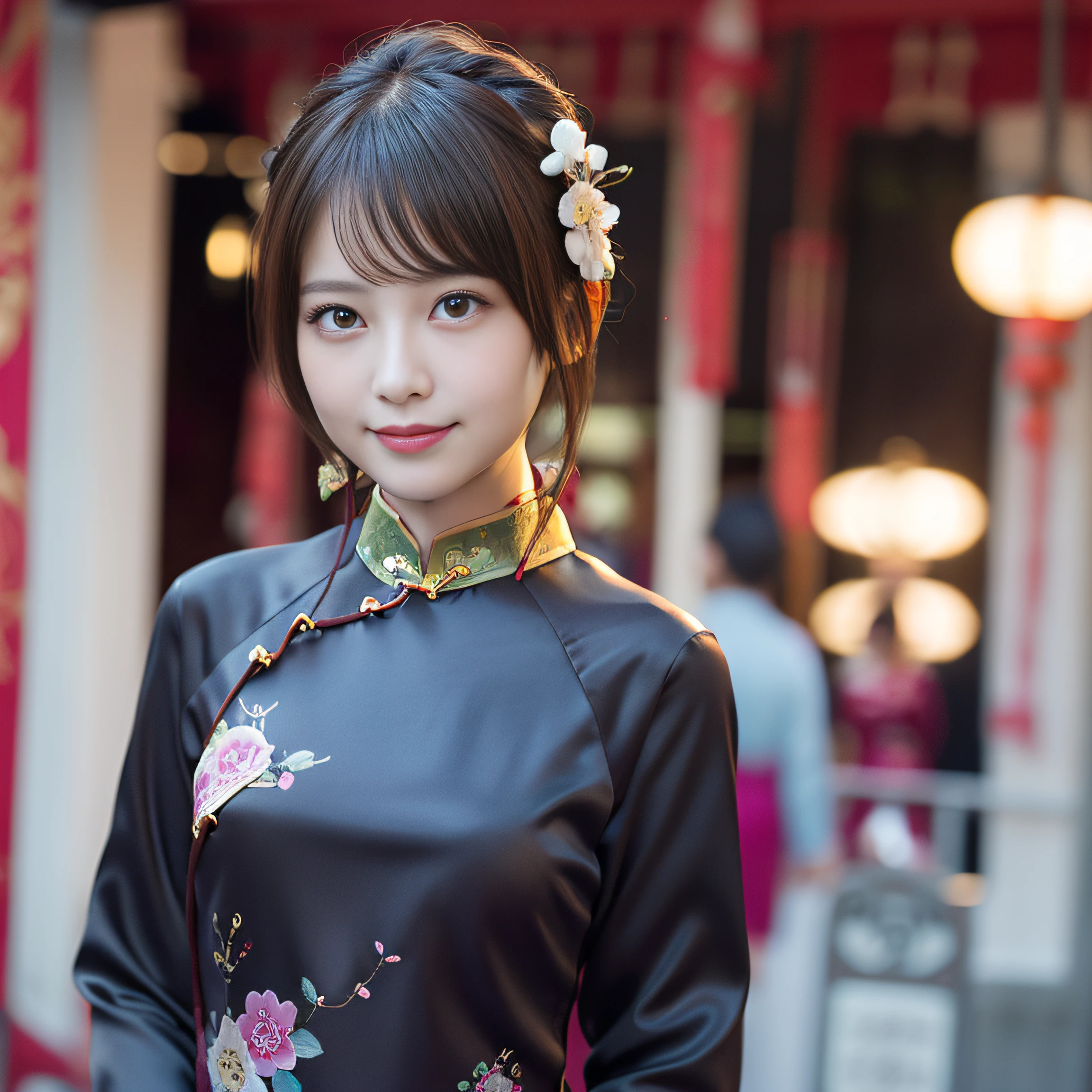 in 8K,Best Quality:1.4, 超A high resolution:1.5, (Photorealistic:1.4),masterpiece:1.2,(top-quality:1.4)、 Raw photo、 1a japanese girl、 Cute、middlebreasts:1.5、 (Solo:1.4)、Chinese Restaurant、 (Shy smile:1.3), Smooth skin、30-years old:1.5、Beautiful black eyes、natural skin textures:1.3, realistic eyes and face details:1.8、 (Brown medium hair,Bangs), (touch hair:1.4)、nogizaka、 (cheongsam clothing:1.5)、Supple fingertips、Beautiful black eyes、natural skin textures:1.3, realistic eyes and face details:1.7、gazing at viewer、FULL BODYSHOT:1.8、beauty legs、gravure、attractive girl、thighs thighs thighs thighs、is standing、At work