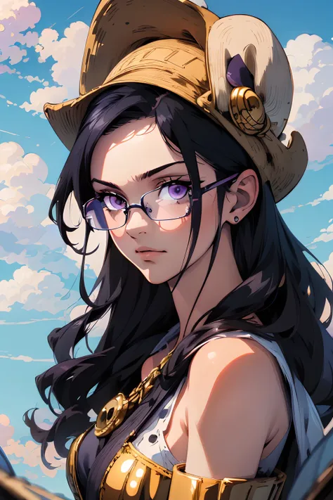 (best quality, masterpiece:1.2), ultra detailed, 1girll, black color hair，blake wears glasses，purple clothes，​​clouds，mare，das b...