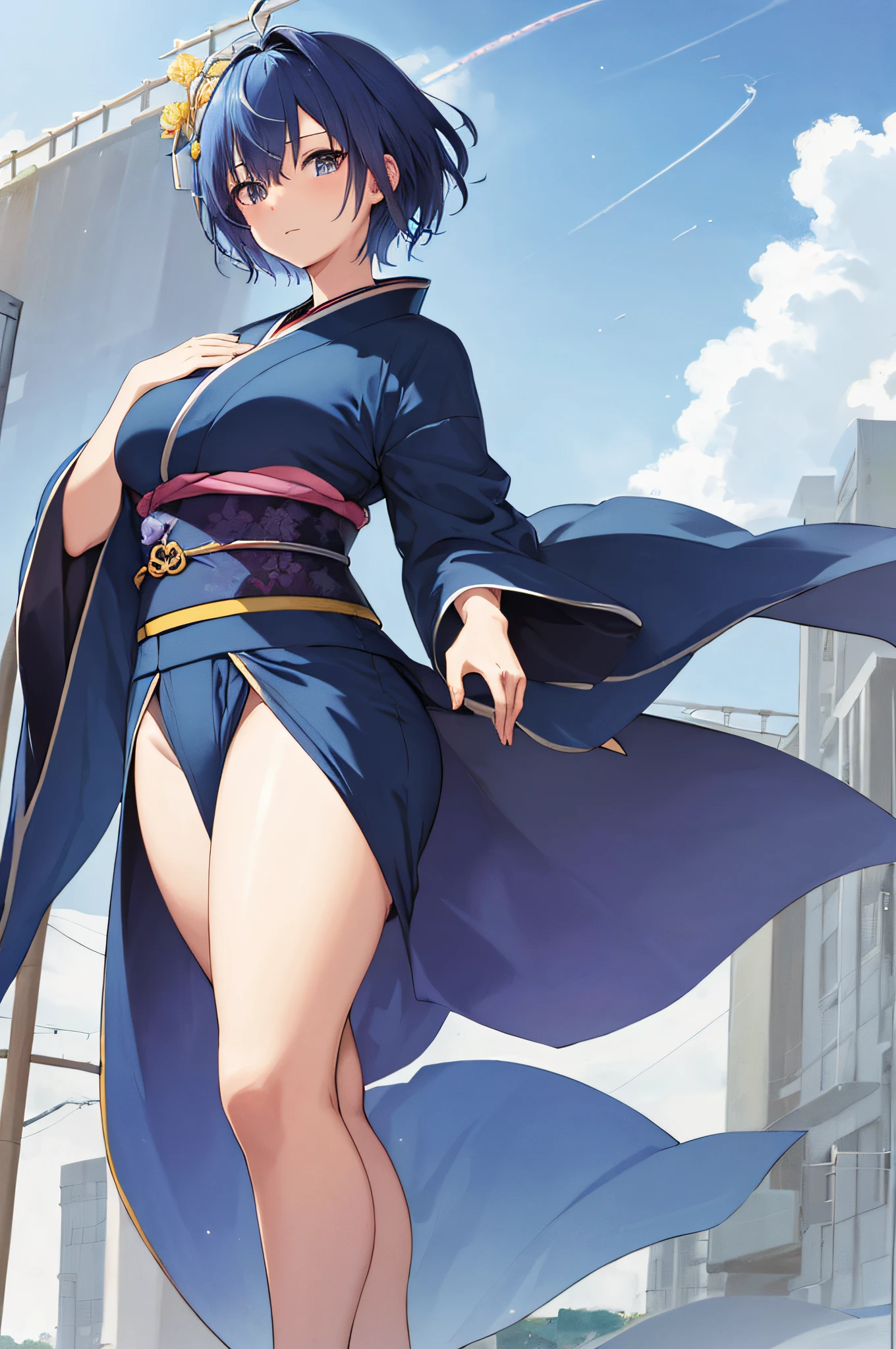 (best quality), (masterpiece), 1girl, short blue hair, short kimono, big breast, anime character, perfect two hand, thick thighs, no extra hands, hand on back, particle