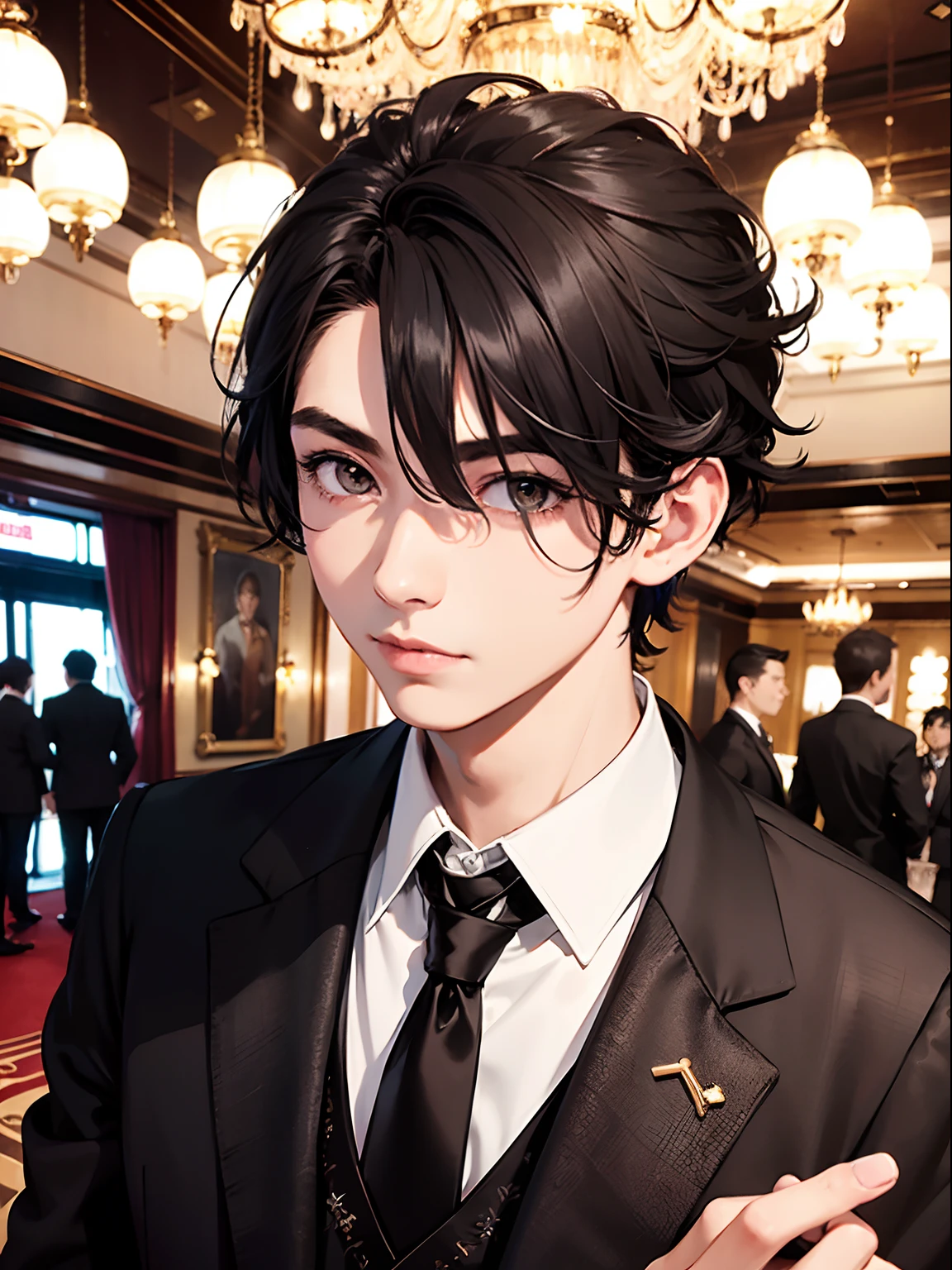 1boy,11 only、(Man's :2),(bobhair:1.5)、A dark-haired、tuxedo、Brightly colored ties、casino,Luxurious chandeliers、beautiful lighting、hightquality、masutepiece,8K,hight resolution、