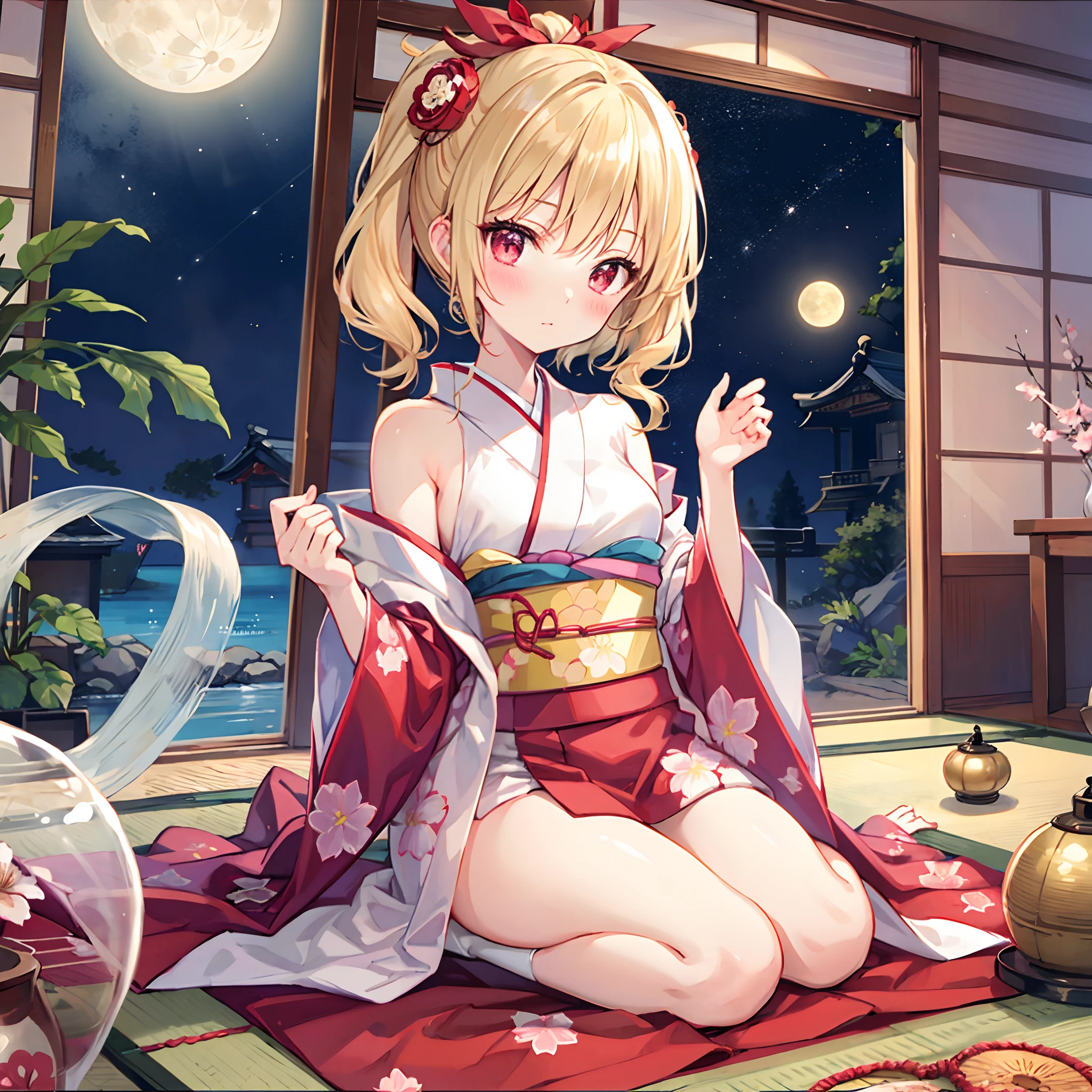 Wavy blonde、Hair is up、red eyes、sparkly eyes、Beautiful girl alone、Floral kimono、Beautiful moon、natta、red blush、traditional Japanese room