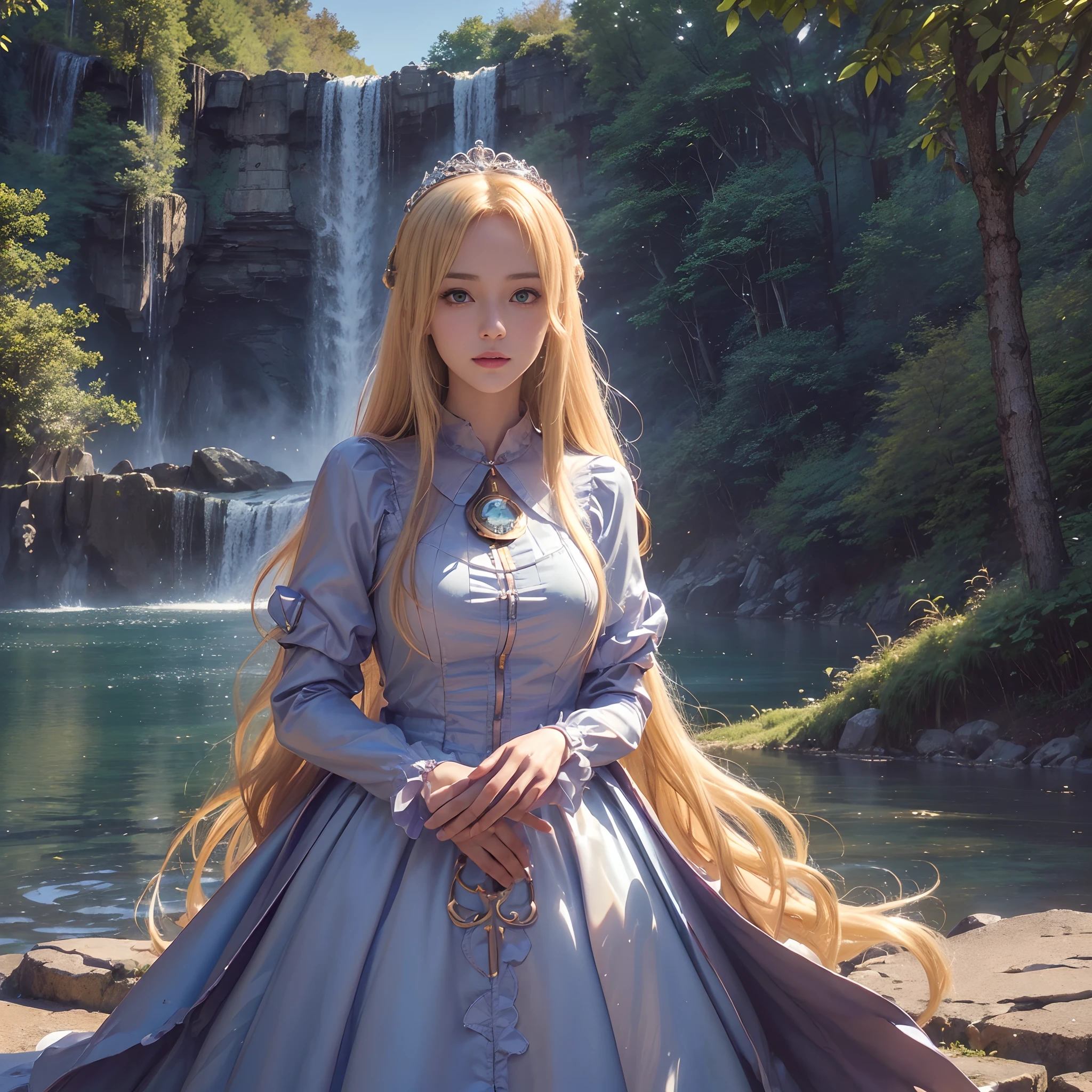 (((nffsw))), (((masutepiece))), (((8K))), (((hight resolution))), (((surrealism))), (((Cinematic lighting))), god rays, Zoom Layer, (((FULL BODYSHOT))), F/4.0, canon, Shiny skin,Detailed skin,Detailed face, Detailed eyes, １French human princess, Long Blonde Hair, serious facial expression,  Smiling princess surrounded by waterfalls