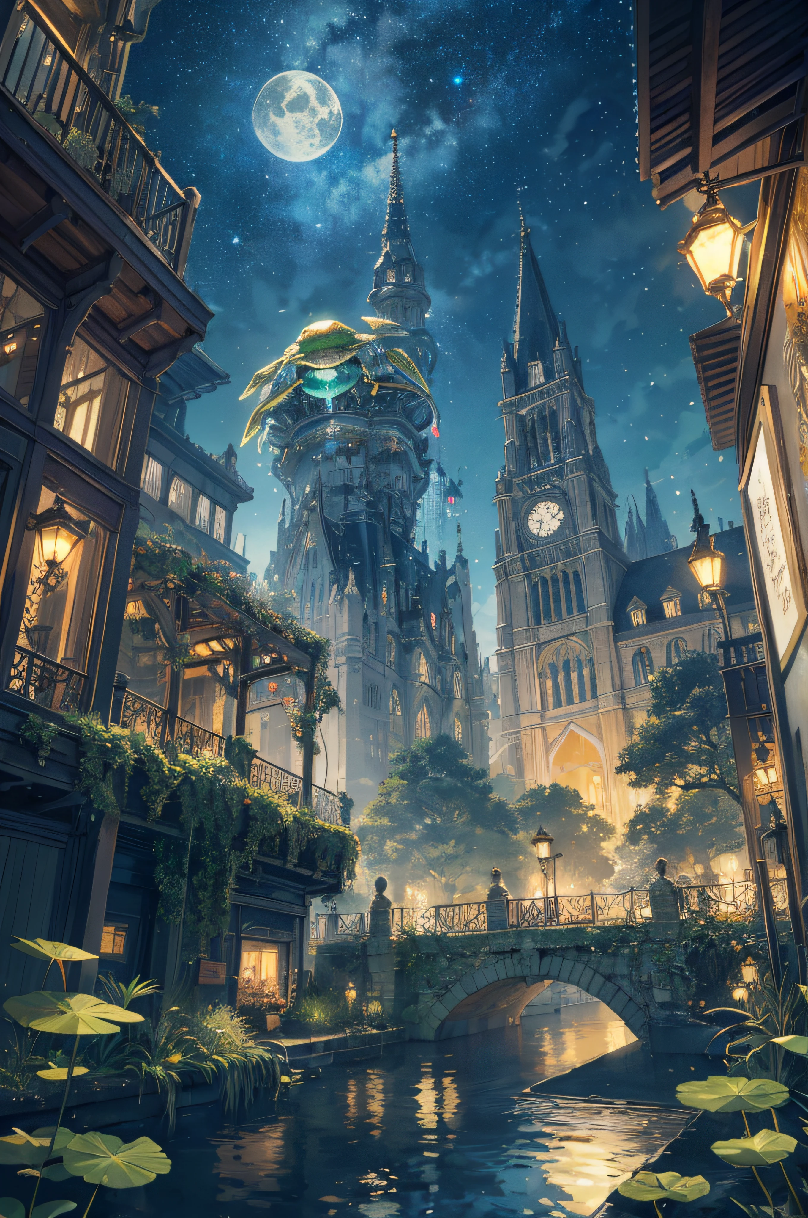 As nightfall descends, the sky transforms into a vast canvas of celestial wonders. Countless stars twinkle with ethereal brilliance, casting their gentle light upon the landscape below. The moon, full and radiant, bathes the scene in a soft, luminescent glow, illuminating every intricate detail with a touch of magic.

At the heart of the composition stands a majestic mechanical frog, a true marvel of craftsmanship and imagination. Its metallic exterior, adorned with ornate engravings and delicate filigree, reflects the moonlight in a shimmering dance. Gears and cogs of all sizes intricately interlock, bringing the frog to life with a symphony of mechanical movements.

Perched atop the frog's broad back is a captivating sight—a bustling city, meticulously crafted in miniature form. Towering skyscrapers adorned with vibrant neon lights soar towards the heavens, casting a kaleidoscope of colors onto the night sky. The cityscape comes alive with bustling streets, where tiny figures go about their daily lives amidst the vibrant energy of a cyberpunk dreamscape.

As the mechanical frog traverses the landscape, its movements create a gentle rumble, echoing through the air and adding a touch of whimsy to the scene. It gracefully hops from one patch of lush grass to another, its progress leaving behind a trail of luminescent stardust that dances in the night.

Surrounding the mechanical frog and its miniature city, an enchanting natural world unfolds. Tranquil ponds reflect the starry heavens above, their surfaces shimmering like liquid diamonds. Water lilies grace the calm waters, their delicate petals glowing softly in the moonlight. Nearby, a serene forest stands proud, with towering trees adorned in bioluminescent moss that casts an otherworldly glow upon the surroundings.

As you explore the landscape further, you discover hidden nooks and crannies adorned with whimsical details. Tiny bridges span miniature rivers, connecting different sections of the cityscape. Waterfa