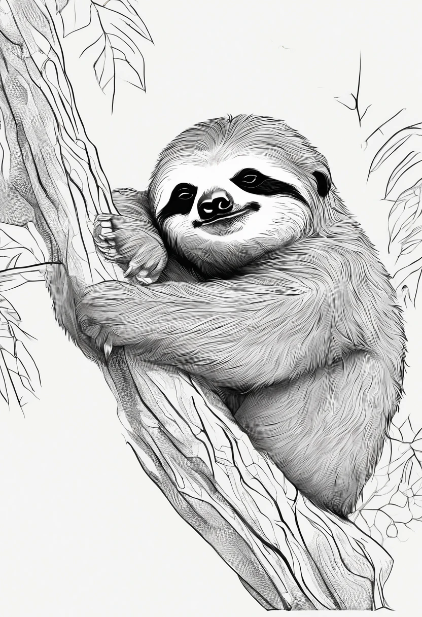Sloth sleeping on a tree White background line-drawing