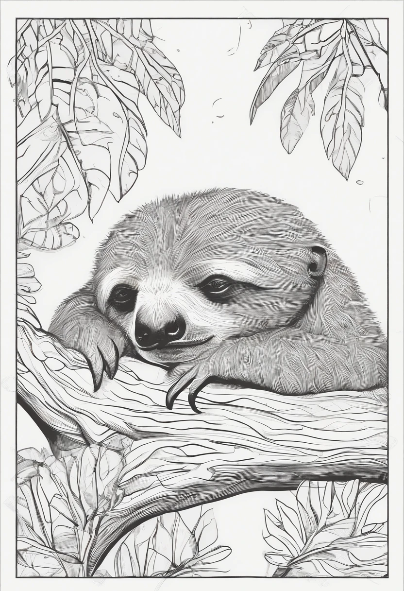 Sloth sleeping on a tree White background line-drawing