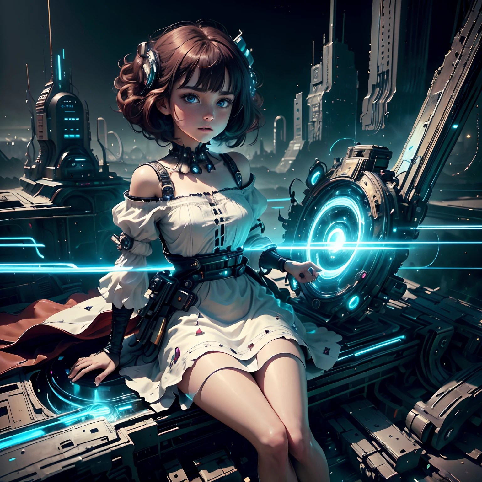 high quality, masterpiece, exquisite, 8k, ultra detailed, Digital art, realistic, photo realistic, look at the front, ultra realistic, a 20 years old girl, peaceful face, big eyes, long eye lashes, wearing a white dress, black shoes,(deep blue eyes),(red hair),(short hair),flat chest, narrow waist, skinny legs, (futuristic city), (destroyed city), (neon glow),floating many debris