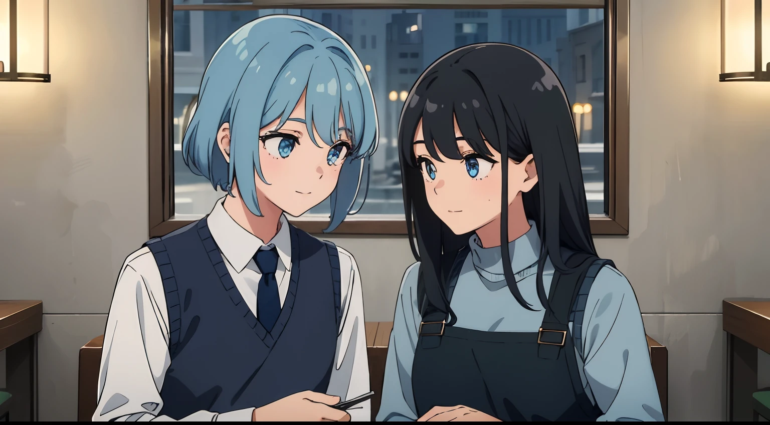 (((2 girls))), Best Quality, Masterpiece,4k 8k обои, Indoors, perfect  lighting, food, exterior, restaurant, jour, facing each other
BREAK
Tall guy. Blue turquoise (Gradient) hairsh, curvy and shaggy. 1 eye blue, the other is gray. On the right cheek there is a scar that looks like lightning, and on the other cheek there is a medium-sized patch, covering the middle scar on the other cheek. The clothes to wear are almost classic, tie blue, grey sweater (Not warm) Vest dark blue color, dark blue slightly torn jeans, Black crosses. There is a little smile in his face, And kindness is visible in the eyes.